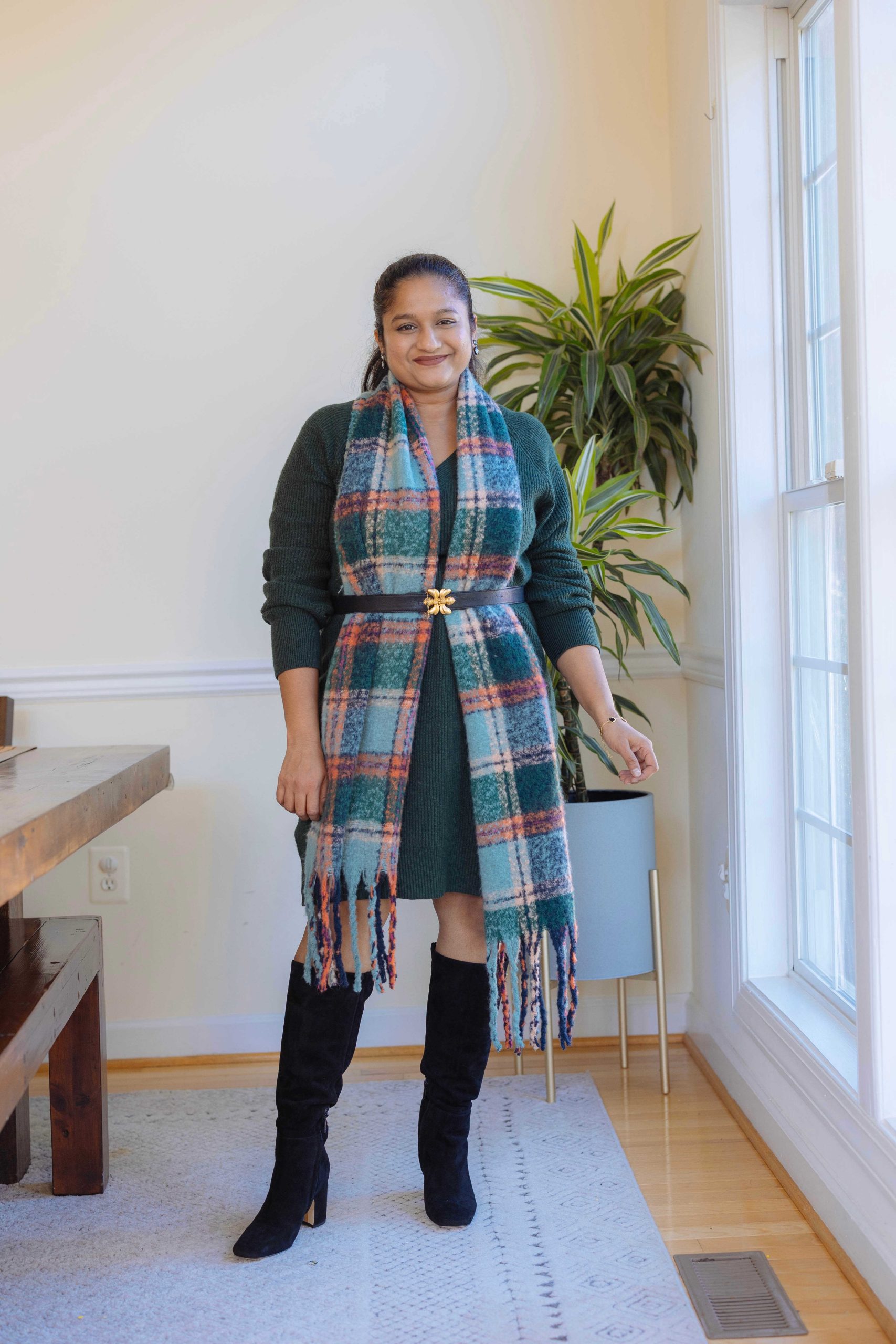 5 Cute Thanksgiving Outfit Ideas for Mid-Size Beauties - Wearing Old Navy Sweater Dress with belt and scarf, Sam Edelman Faren Knee High Boots by TOP US Mid-size blogger Dreaming Loud