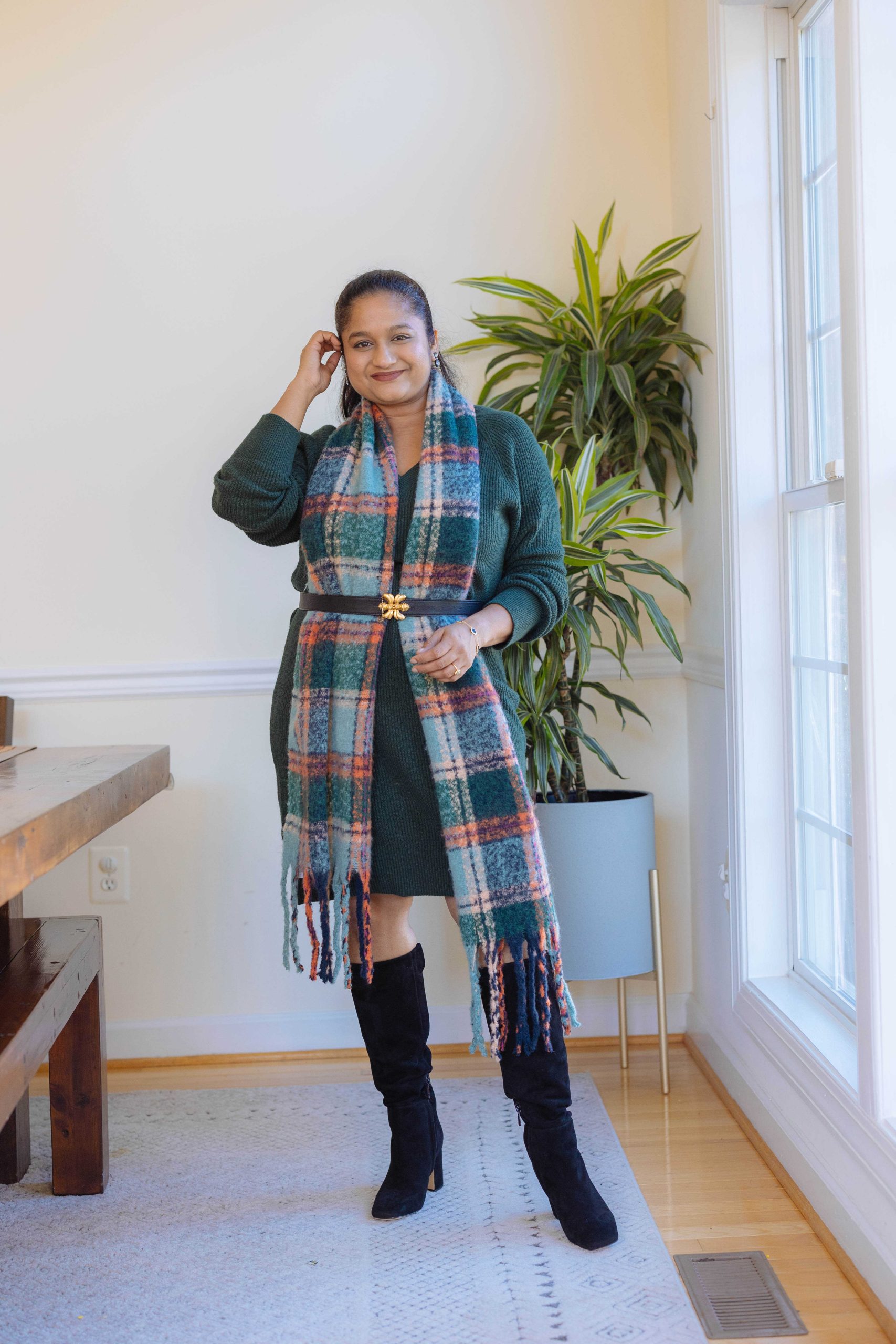 5 Cute Thanksgiving Outfit Ideas for Mid-Size Beauties - Wearing Old Navy Sweater Dress with belt and scarf, Sam Edelman Faren Knee High Boots, Raina Double Bee Clasp Leather Belt by Top US Mid-size Blogger Dreaming Loud. Click to Shop