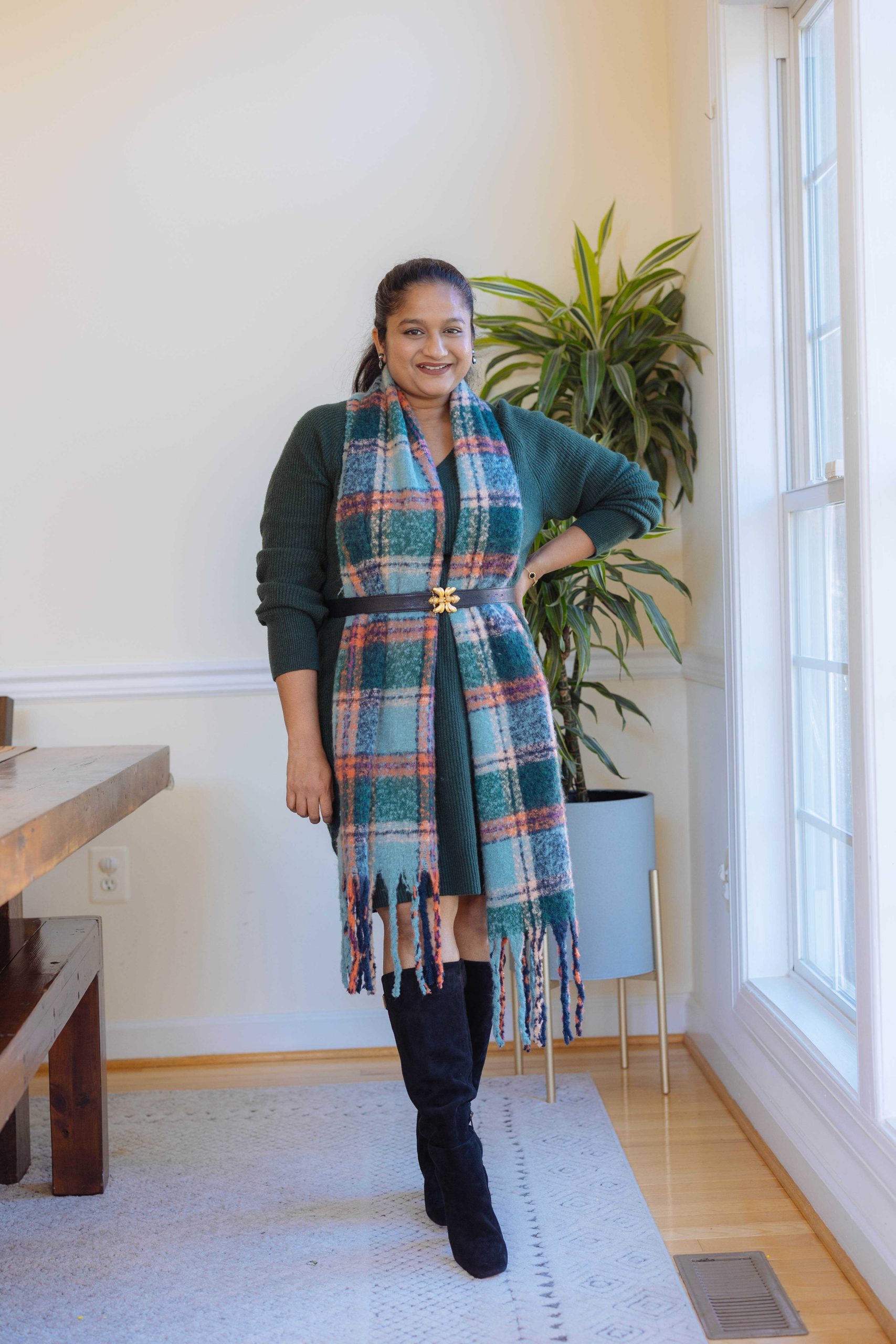 5 Cute Thanksgiving Outfit Ideas for Mid-Size Beauties - Wearing Old Navy Sweater Dress with belt and scarf, Sam Edelman Faren Knee High Boots, Raina Double Bee Clasp Leather Belt, sweater with scarf and belt by Top US Mid-size Blogger Dreaming Loud. Click to Shop