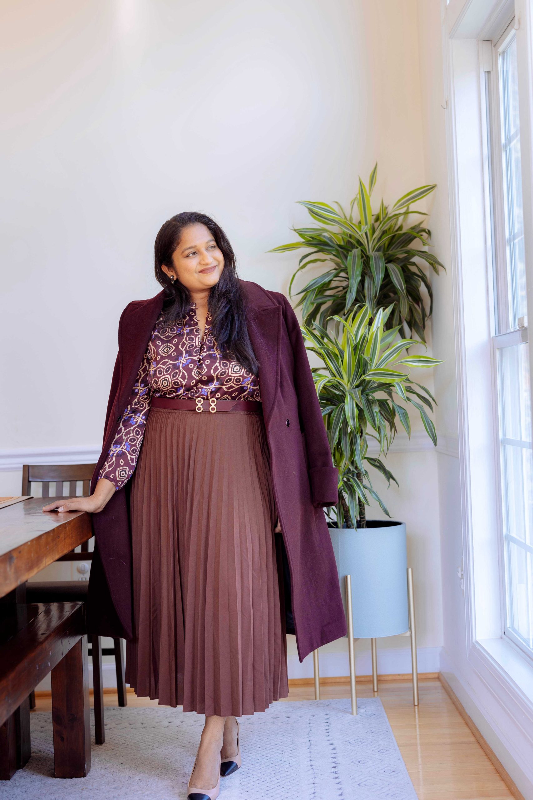 5 Cute Thanksgiving Outfit Ideas for Mid-Size Beauties - Wearing burgundy pleated skirt, Ralph Lauren Polo Wool Blend Wrap Coat by Top US Mid-Size Fashion Blogger Dreaming Loud