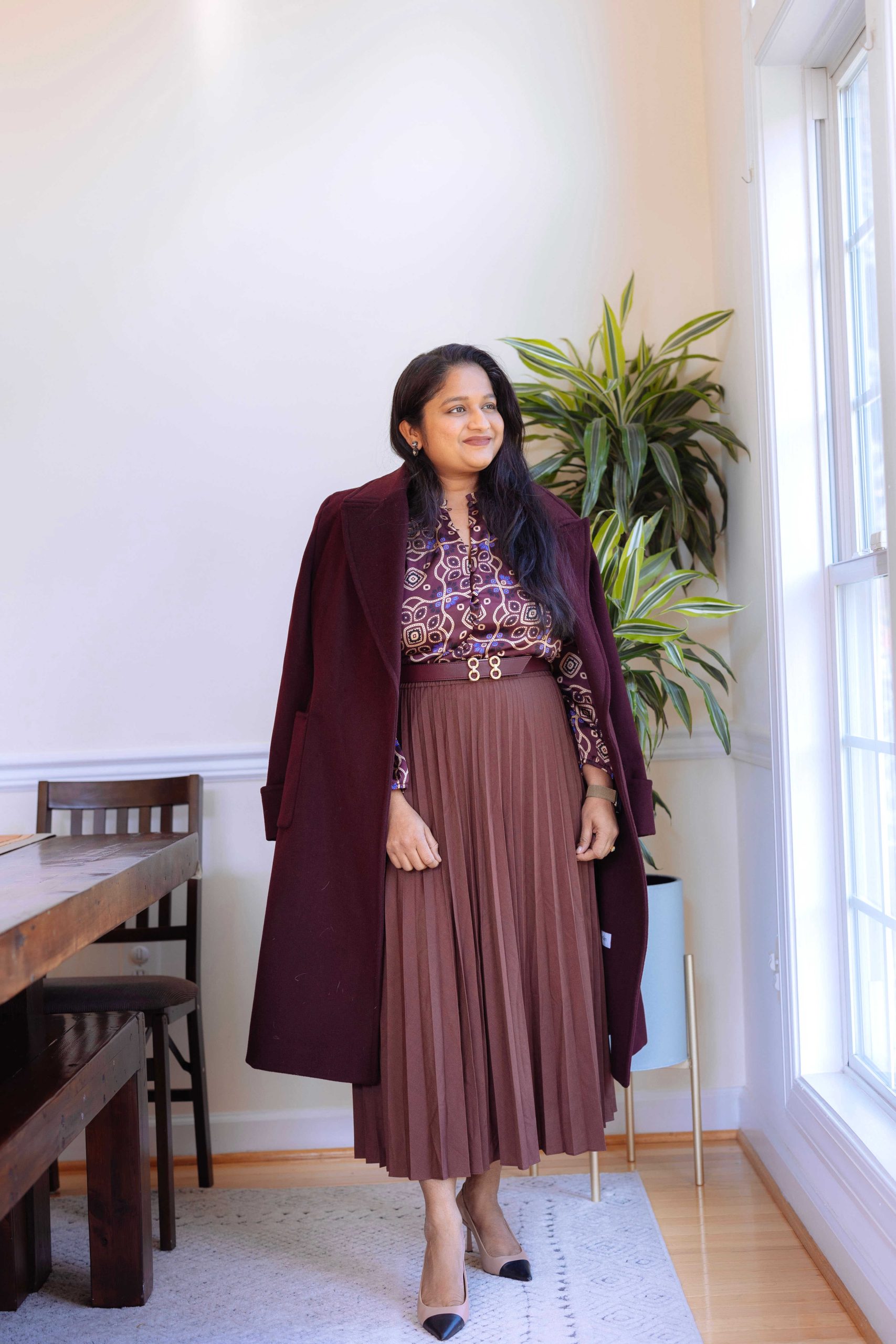 5 Cute Thanksgiving Outfit Ideas for Mid-Size Beauties - Wearing burgundy pleated skirt, Ralph Lauren Polo Wool Blend Wrap Coat by Top US Mid-Size Fashion Blogger Dreaming Loud. Click to Shop