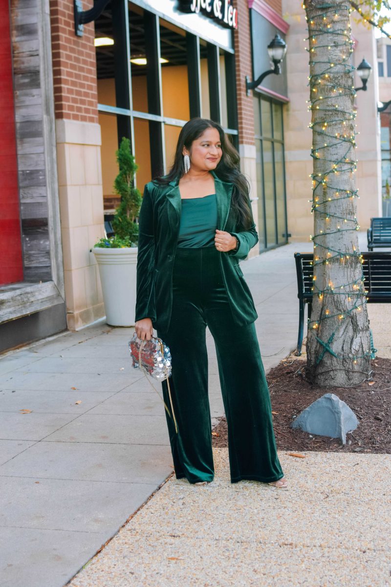 Holiday Party Velvet Pantsuit- Wearing JC Penney green Velvet Blazer, velvet .pants, Satin Camisole, Schutz clear heels, Fringe earrings by Top Curvy Fashion Blogger Dreaming Loud