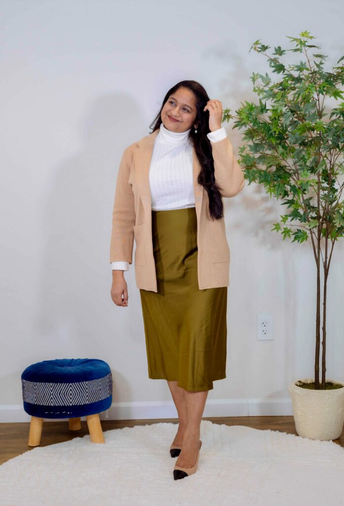 Shop 5 Ways To Wear A Sweater Blazer to work- Wearing Qince Knit blazer, Qince silk skirt, Madewell Relaxed Turtleneck Tee by top US Fashion Blogger Dreaming Loud