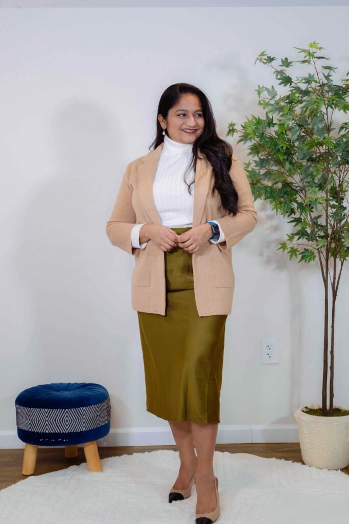 Shop 5 Ways To Wear A Sweater Blazer to work- Wearing Qince Knit blazer, Qince silk skirt, Madewell Relaxed Turtleneck Tee by top US Fashion Blogger Dreaming Loud