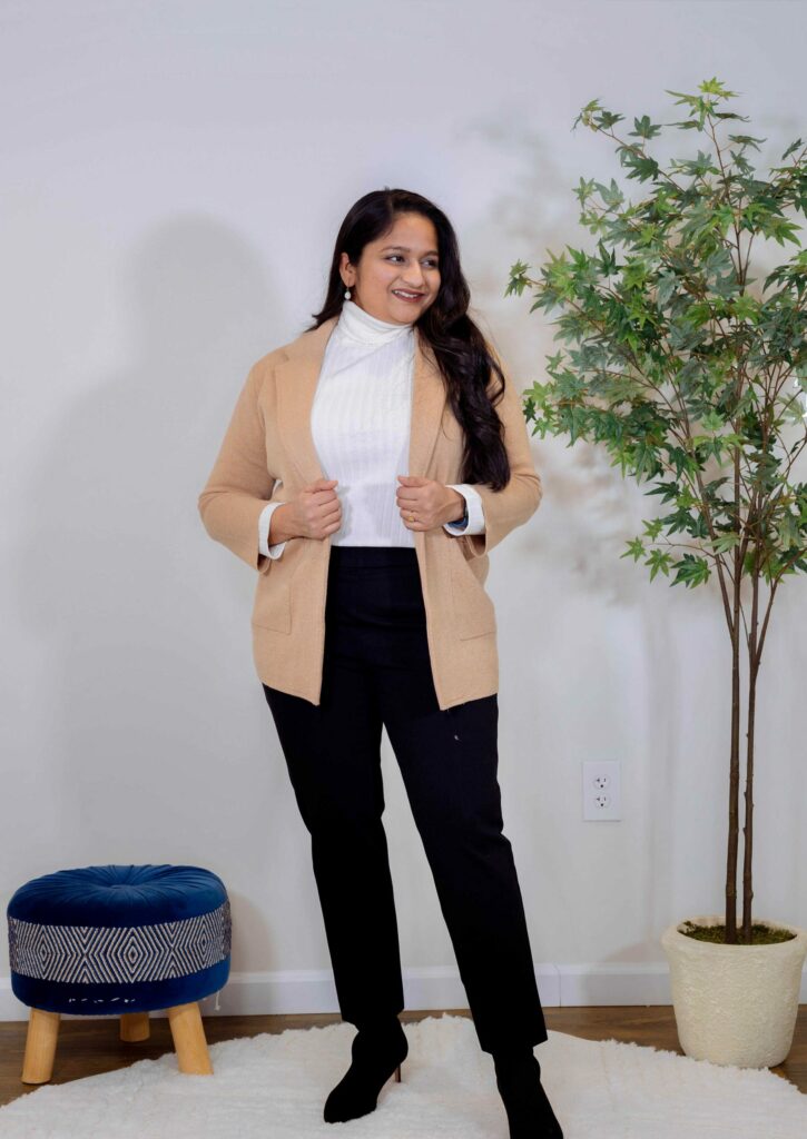 Shop 5 Ways To Wear A Sweater Blazer- Wearing Qince Knit blazer,Madewell Relaxed Turtleneck Tee, Ann Taylor High Rise Eva Easy Ankle Pant in Twill by Top US Fashion Blogger Dreaming Loud