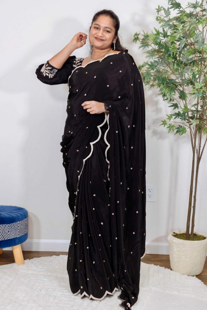 Shop Designer Black Zardosi Embroidered Crepe Silk Saree by top US indian Fashion Blogger Dreaming Loud