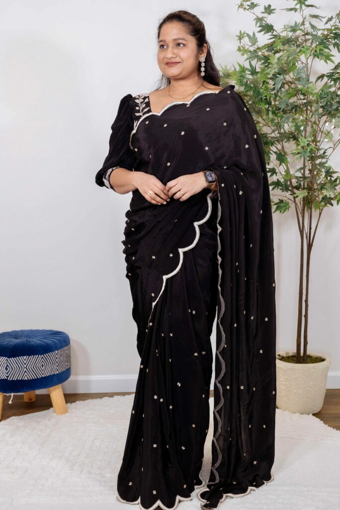 Shop Designer Black Zardosi Embroidered Crepe Silk Saree by top US indian Fashion Blogger Dreaming Loud