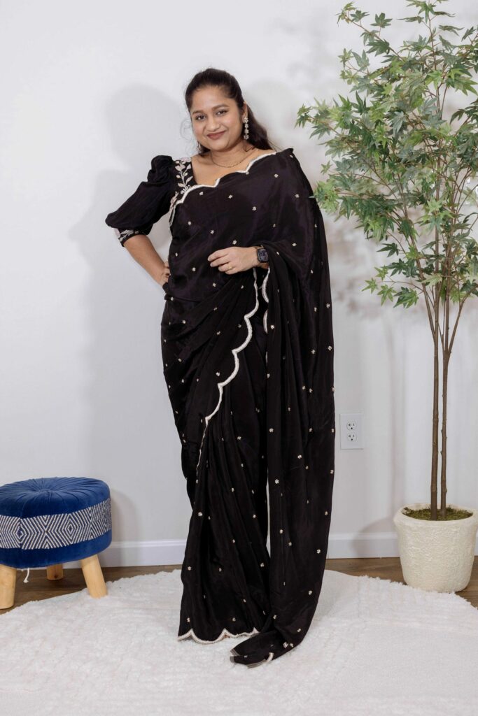 Shop Designer Black Zardosi Embroidered Crepe Silk Saree by top US indian Fashion Blogger Dreaming Loud