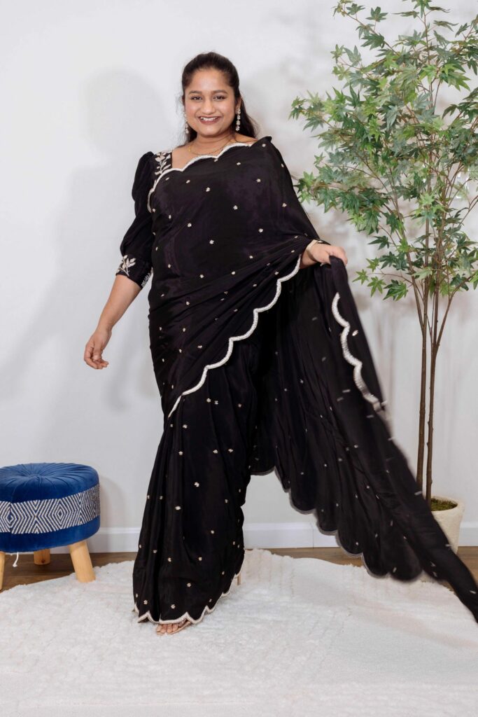 Shop Designer Black Zardosi Embroidered Crepe Silk Saree by top US Saree Blogger Dreaming Loud