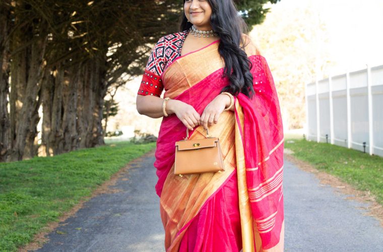 Pink Linen Saree With Golden Zari Border Styled with Telia Rumal Blouse, 925 silver Necklace by Top Indian US Saree Blogger Dreaming loud