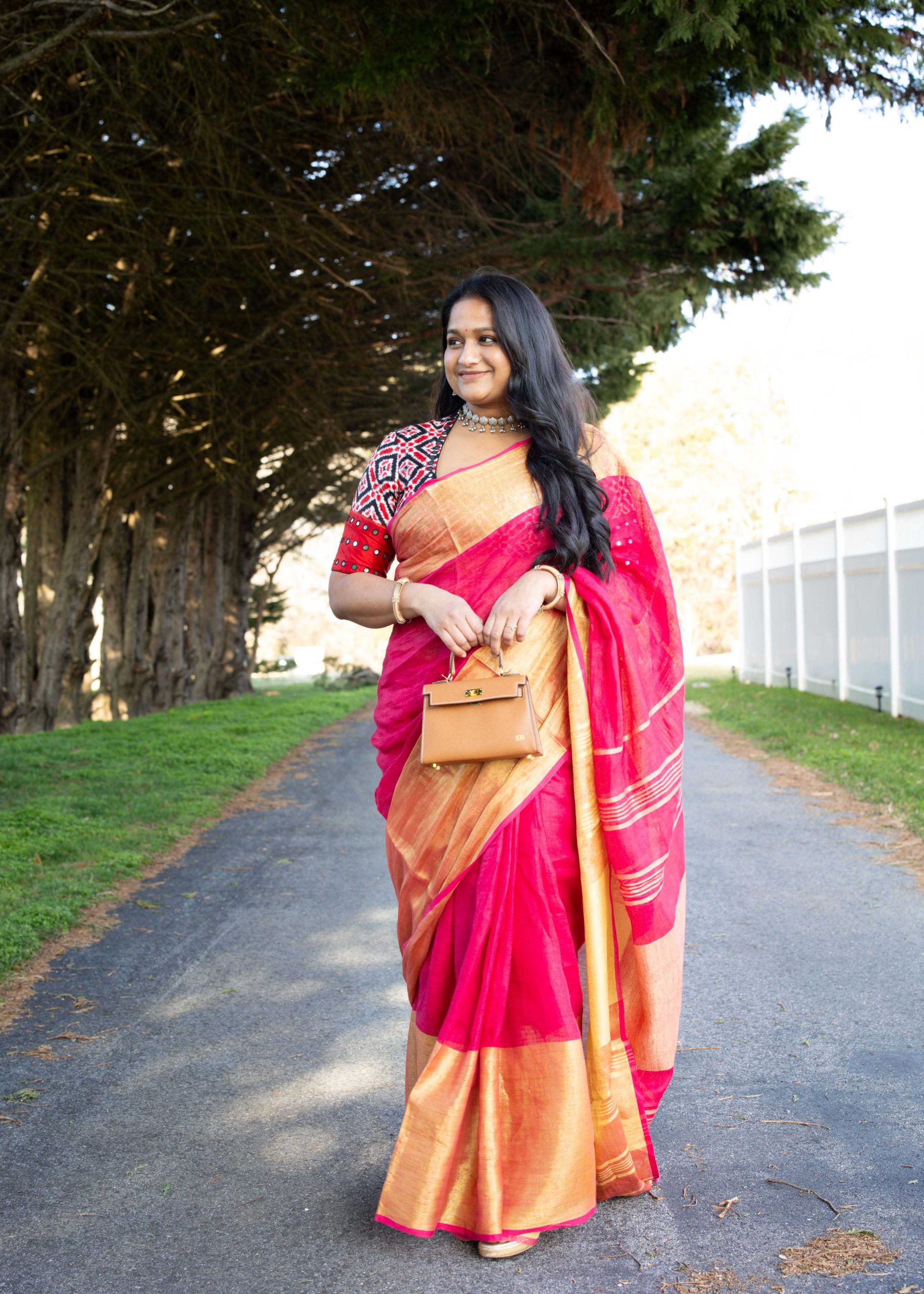 Pink Linen Saree With Golden Zari Border Styled with Telia Rumal Blouse, 925 silver Necklace by Top Indian US Saree Blogger Dreaming loud