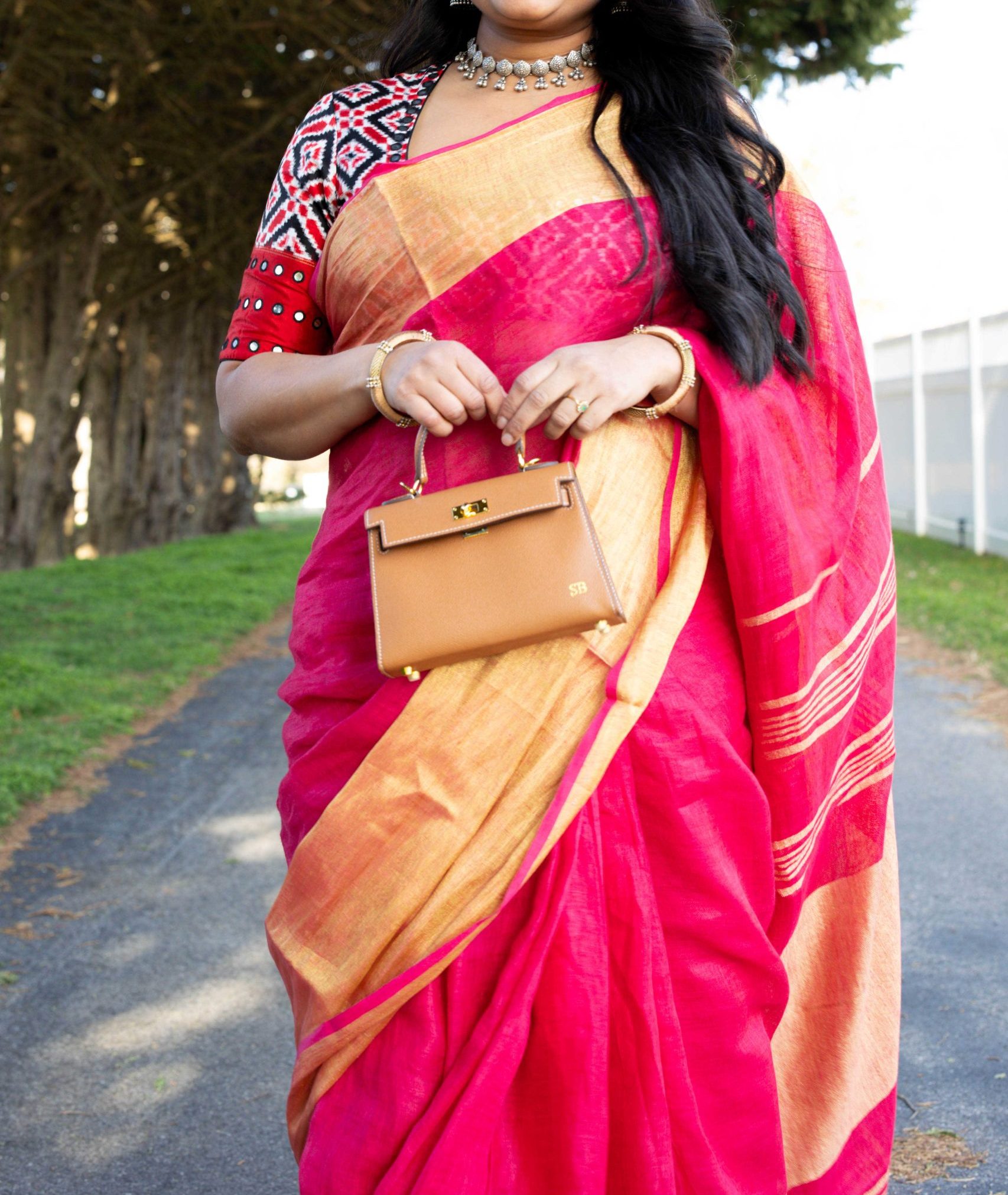 Pink Linen Saree With Golden Zari Border Styled with Telia Rumal Blouse, 925 silver Necklace by Top Indian US Saree Blogger Dreaming loud