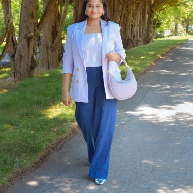 2024 Biggest Spring Fashion Trend-Lavender Blazer and metallic shoes- Wearing Old Navy Lavende Linen Blazer, Lilac Linen crop top, Gap utility easy jeans, Songmont Small Luna Bag by Top US Modest Fashion Blogger Dreaming Loud