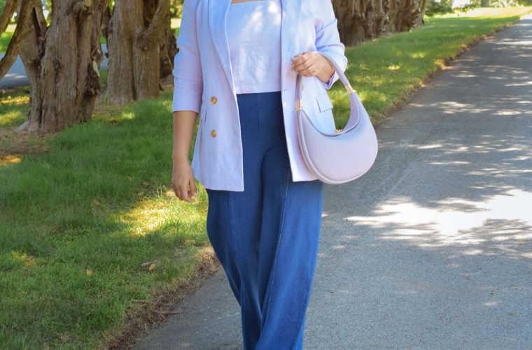 2024 Biggest Spring Fashion Trend-Lavender Blazer and metallic shoes- Wearing Old Navy Lavende Linen Blazer, Lilac Linen crop top, Gap utility easy jeans, Songmont Small Luna Bag by Top US Modest Fashion Blogger Dreaming Loud