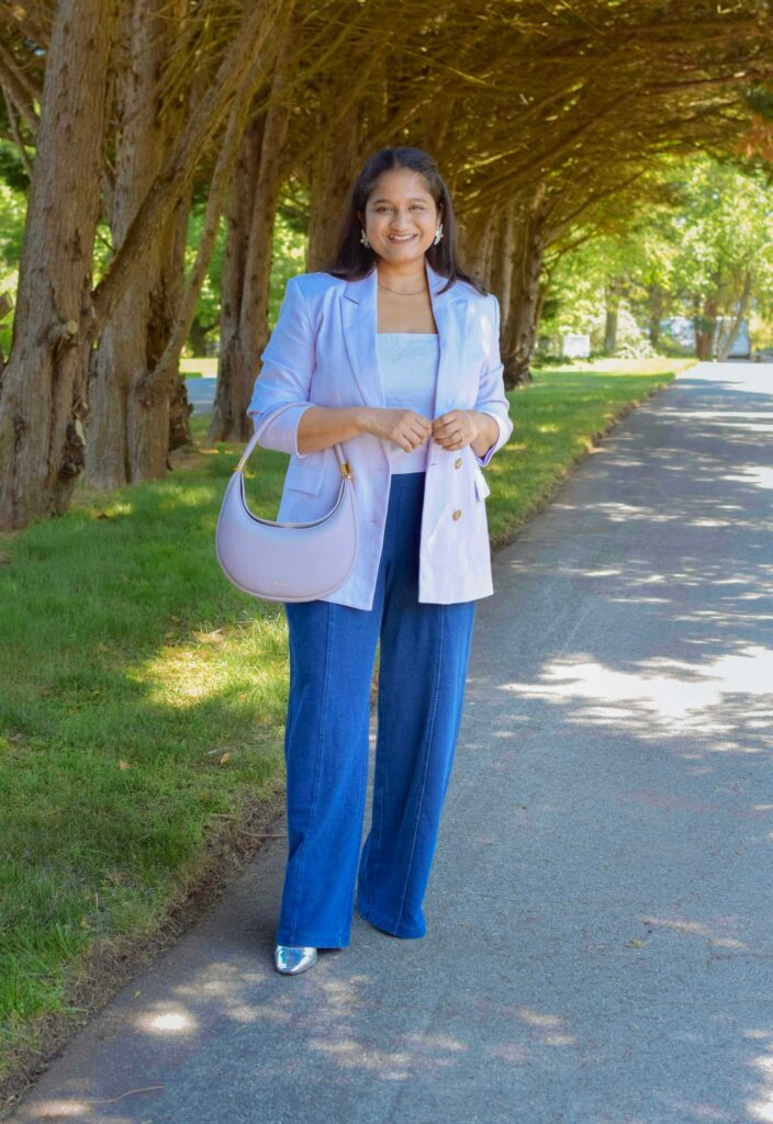 2024 Biggest Spring Fashion Trend-Lavender Blazer and metallic shoes- Wearing Old Navy Lavende Linen Blazer, Lilac Linen crop top, Gap utility easy jeans, Songmont Small Luna Bag by Top US Modest Fashion Blogger Dreaming Loud