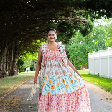 Amazon Floral Maxi Dress with Floral Vest Outfit- Wearing Amazon Floral Embroidered Vest ,show me your mumum Seashell Rattan Bag, Floral studs by Top Us Mom Fashion Blog Dreaming Loud