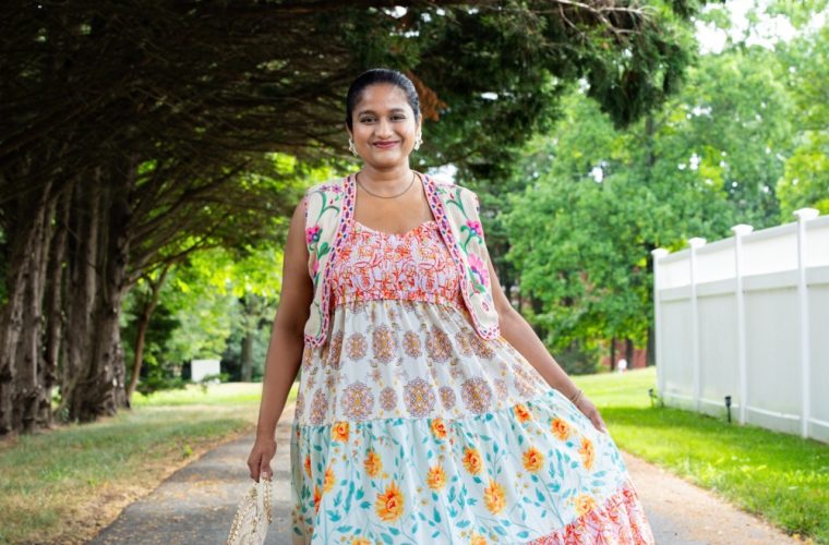 Amazon Floral Maxi Dress with Floral Vest Outfit- Wearing Amazon Floral Embroidered Vest ,show me your mumum Seashell Rattan Bag, Floral studs by Top Us Mom Fashion Blog Dreaming Loud