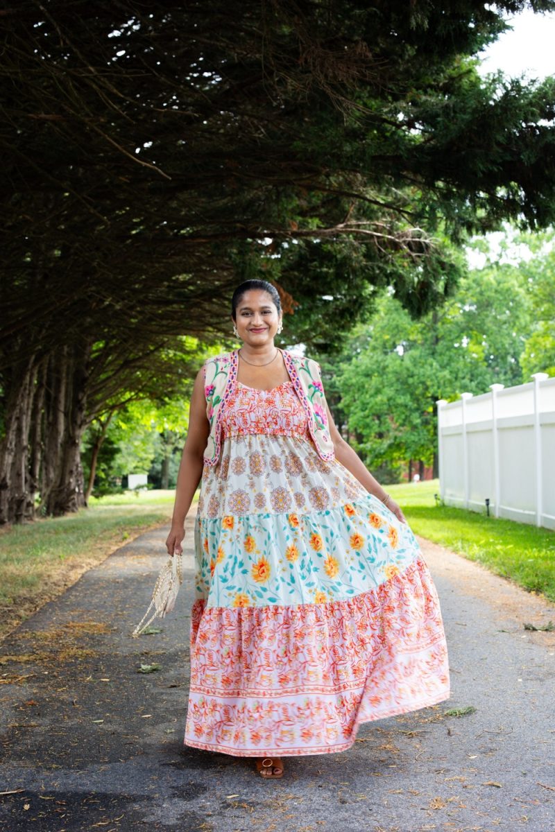 Amazon Floral Maxi Dress with Floral Vest Outfit- Wearing Amazon Floral Embroidered Vest ,show me your mumum Seashell Rattan Bag, Floral studs by Top Us Mom Fashion Blog Dreaming Loud