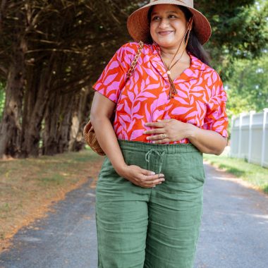 Pregnancy Style-Wearing J.Crew Soleil Linen pants,Anthropologie Abby Hat, Tuckernuck Dark Raffia Slouchy Clutch by Top US Fashion Blogger Dreaming Loud