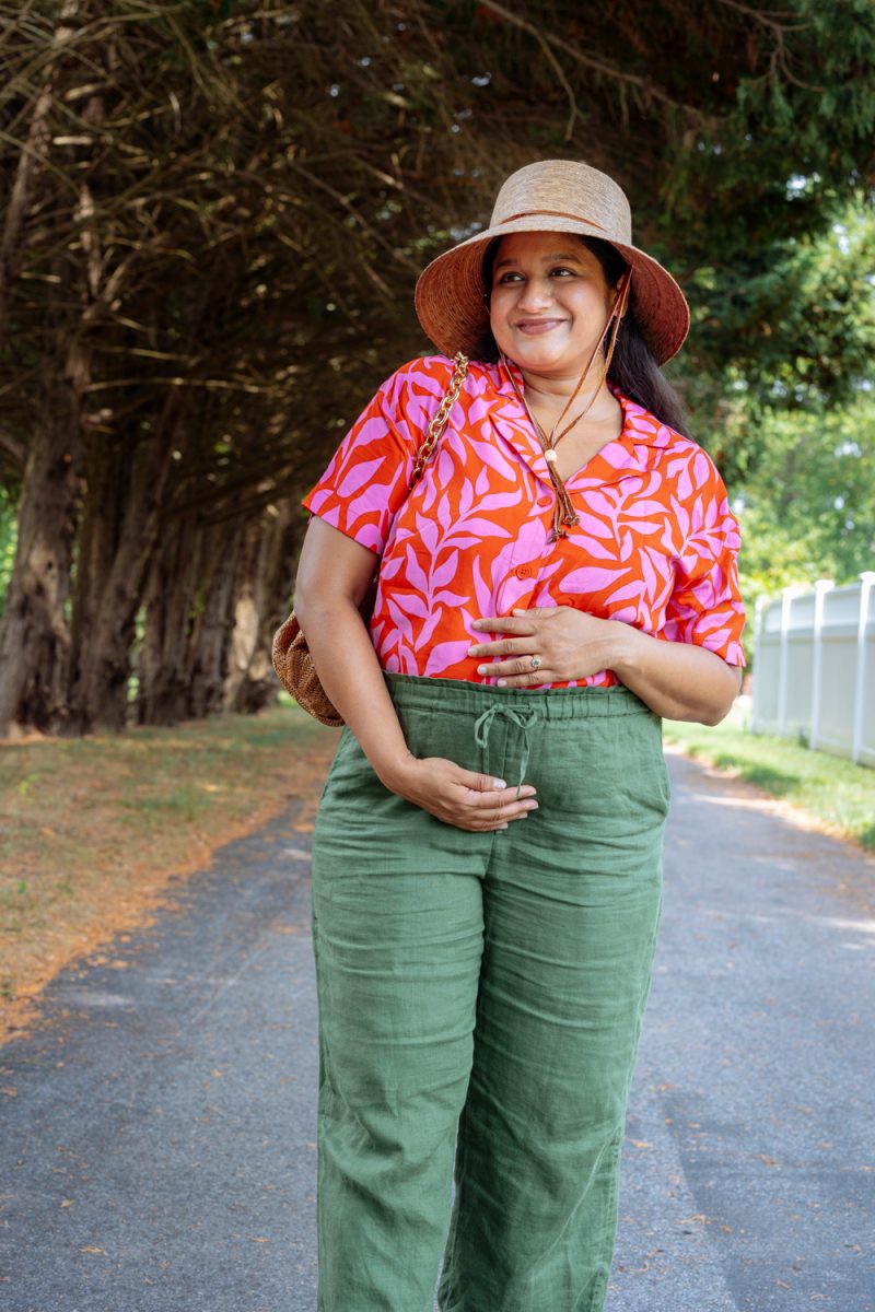 Pregnancy Style-Wearing J.Crew Soleil Linen pants,Anthropologie Abby Hat, Tuckernuck Dark Raffia Slouchy Clutch by Top US Fashion Blogger Dreaming Loud