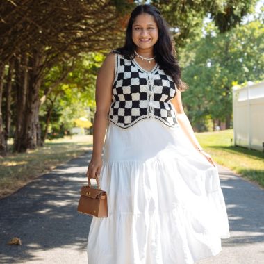 Wearing Amazon ANRABESS white skirt, J.Crew Crochet cropped cardigan sweater, Amazon Sleeveless Crochet vest, Alex marie heel sandals by Top US modest fashion Blogger Dreaming Loud