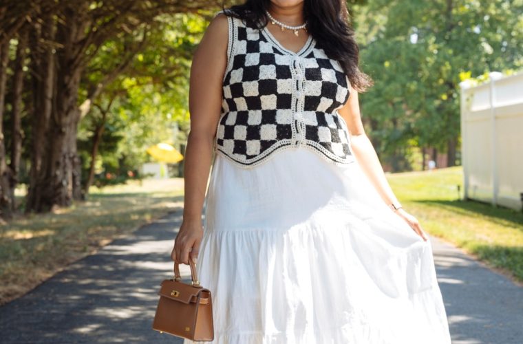 Wearing Amazon ANRABESS white skirt, J.Crew Crochet cropped cardigan sweater, Amazon Sleeveless Crochet vest, Alex marie heel sandals by Top US modest fashion Blogger Dreaming Loud