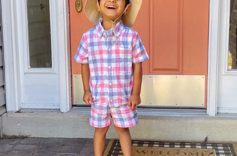 Wearing Janie and Jack Toddler boy Gingham Linen shirt and shorts by Top US Mom Blog Dreaming Loud