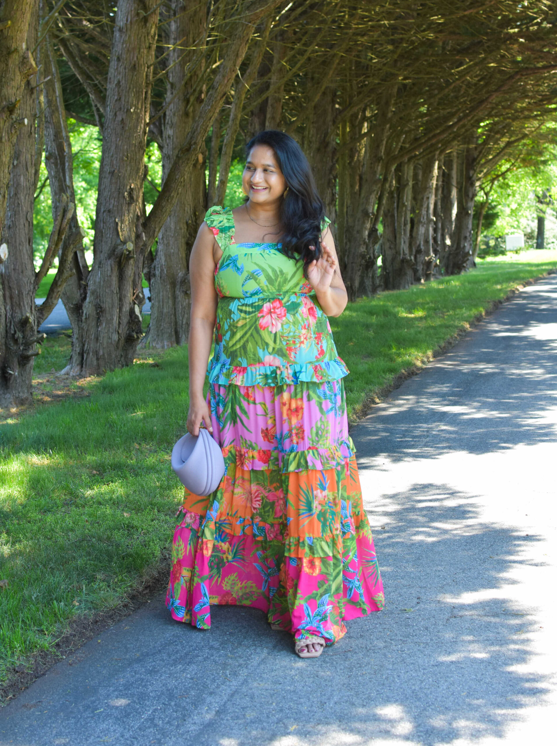 Summer Maternity Outfit- Wearing Avara Ivy Dress. Songmont small Luna bag, Tuckernuck Dune Pom Earring by Top Us Mom Fashion Blogger Dreaming Loud