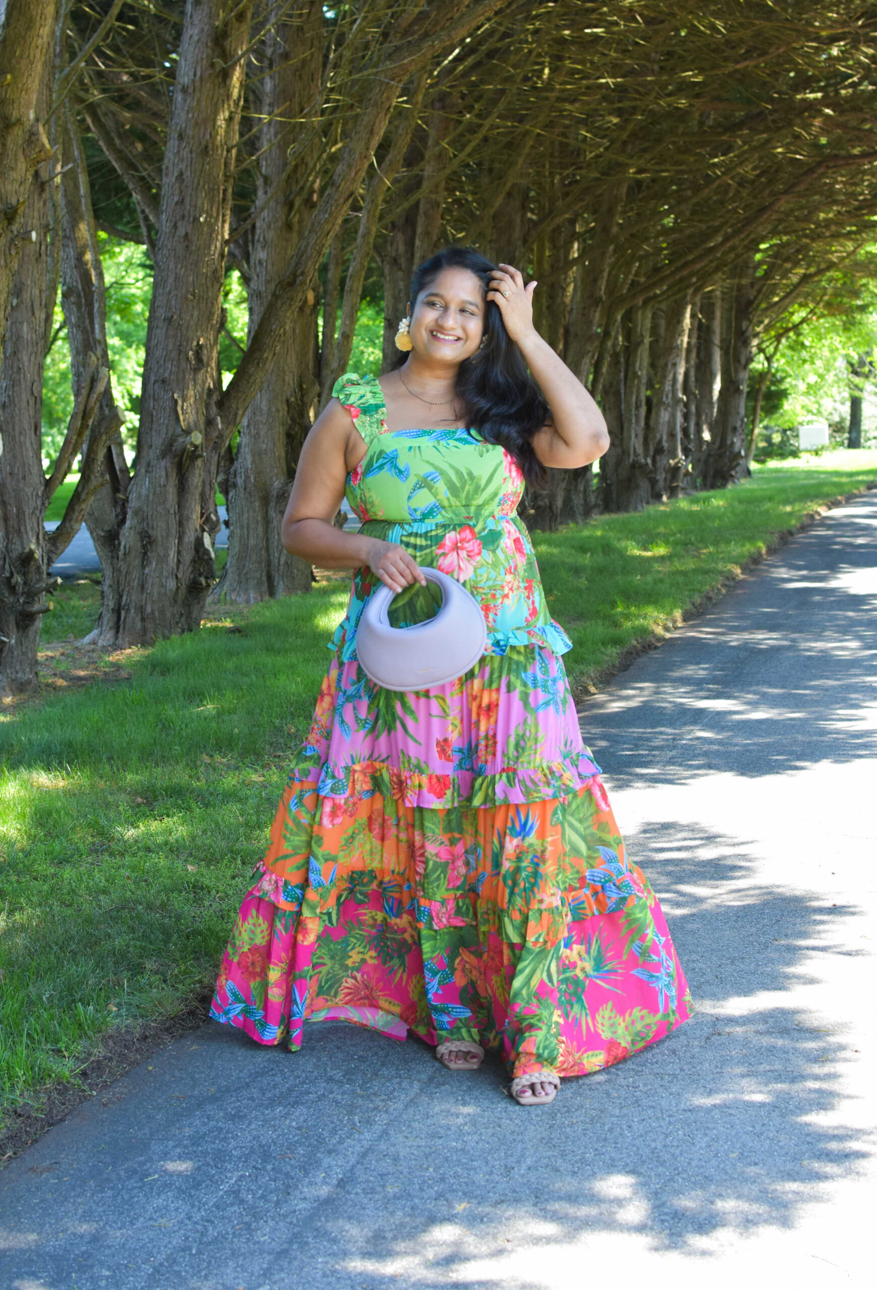 Summer Maternity Outfit- Wearing Avara Ivy Dress. Songmont small Luna bag, Tuckernuck Dune Pom Earring by Top Us Mom Fashion Blogger Dreaming Loud