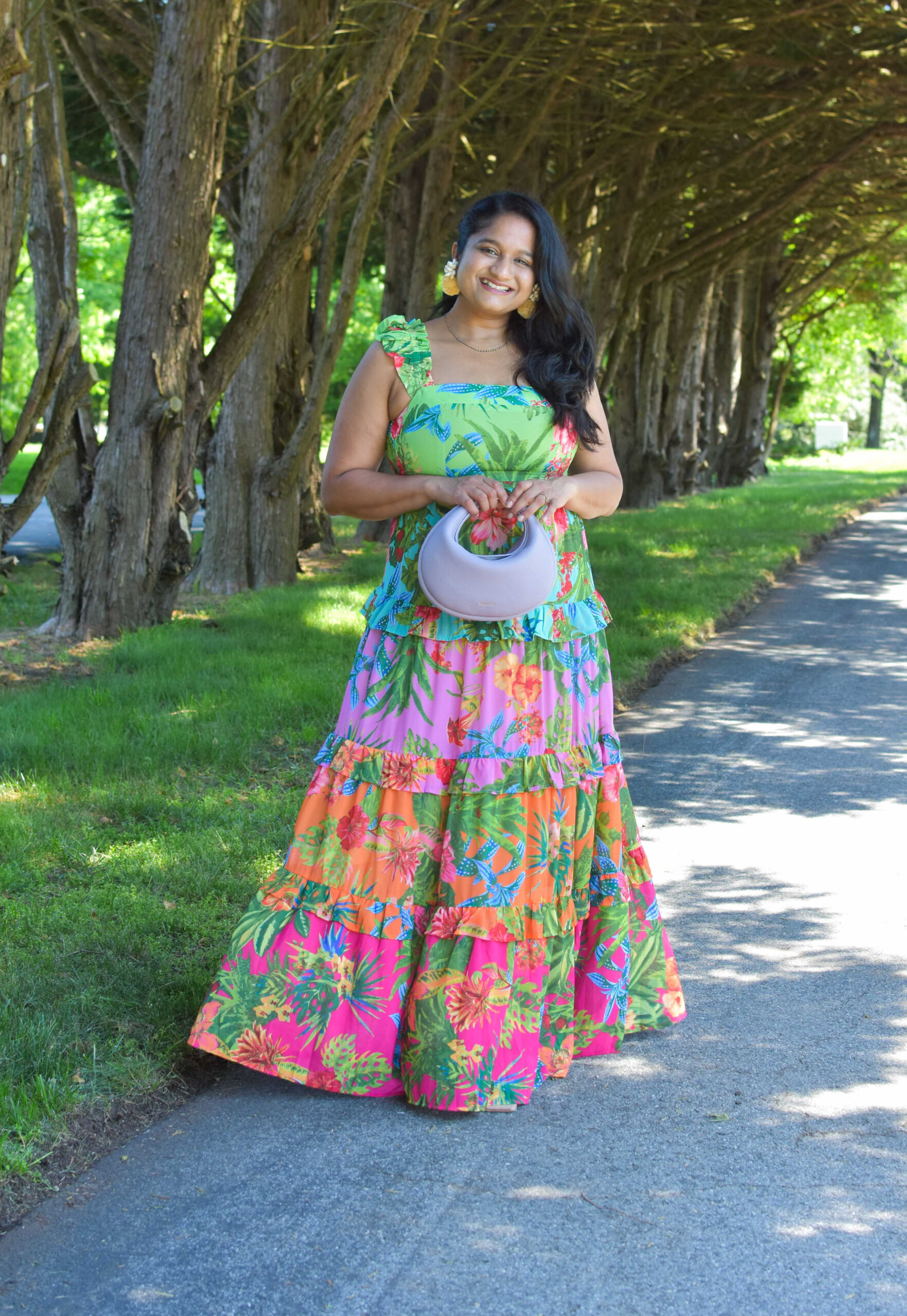 Summer Maternity Outfit- Wearing Avara Ivy Dress. Songmont small Luna bag, Tuckernuck Dune Pom Earring by Top Us Mom Fashion Blogger Dreaming Loud