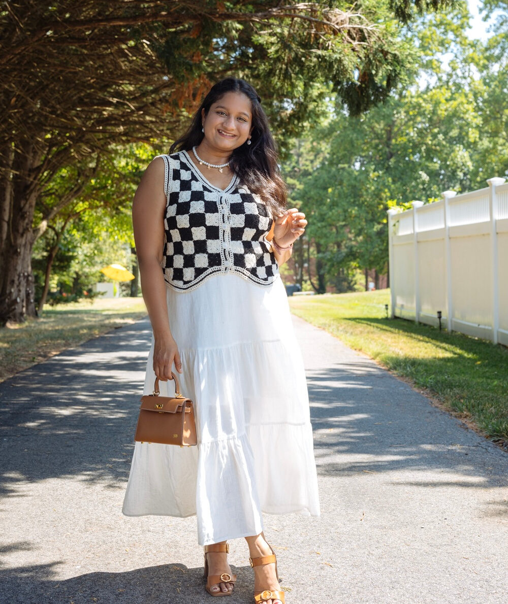 Maternity Summer Outfits- Wearing Amazon ANRABESS white skirt, J.Crew Crochet cropped cardigan sweater, Amazon Sleeveless Crochet vest, Alex marie heel sandals by Top US mo m fashion blogger Dreaming Loud