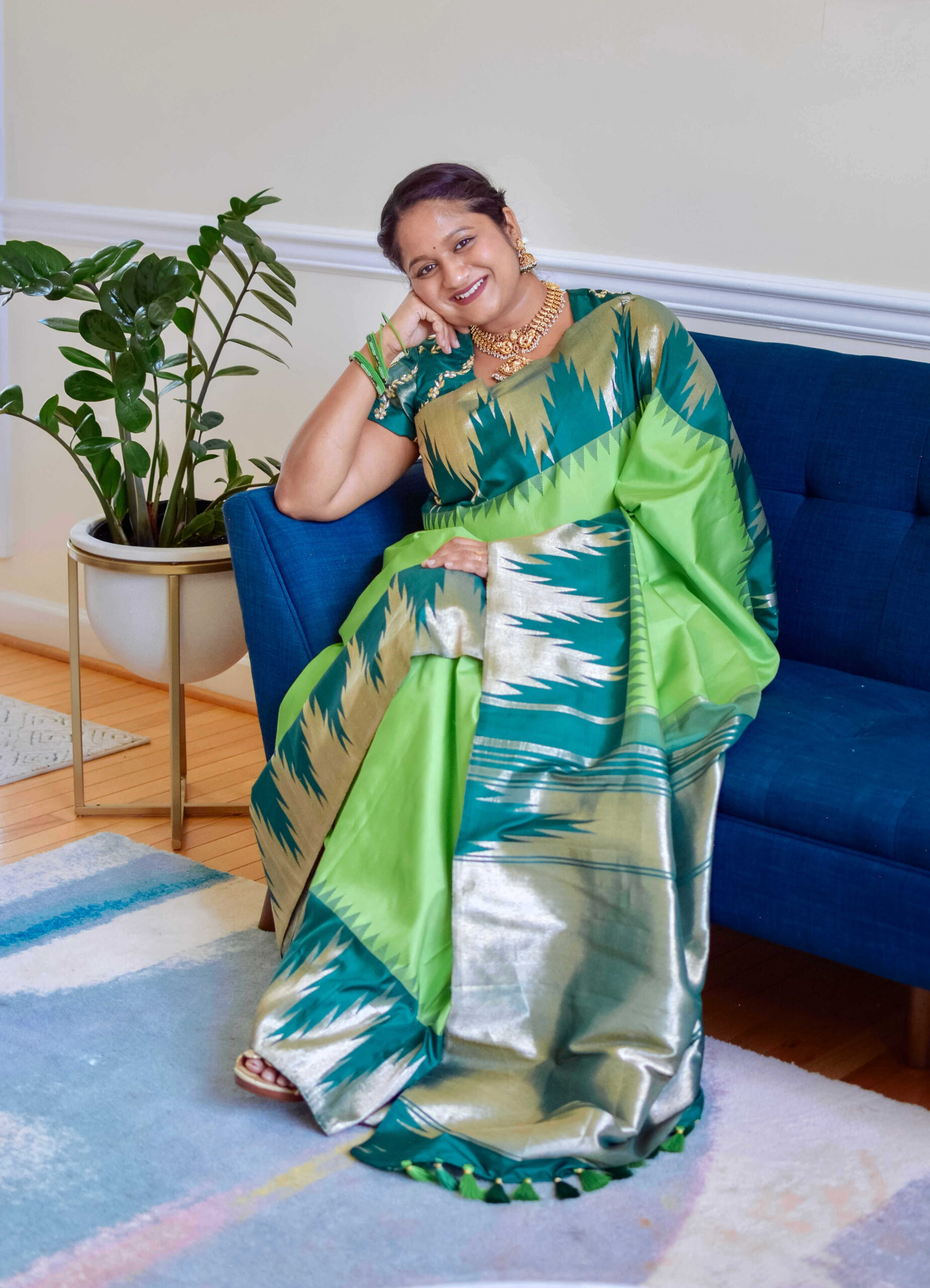 Maternity Saree Look- 8 Kol Temple Border Kanchi Silk Saree, Nakshi Temple Necklace by Top US Saree Blogger Dreaming Loud