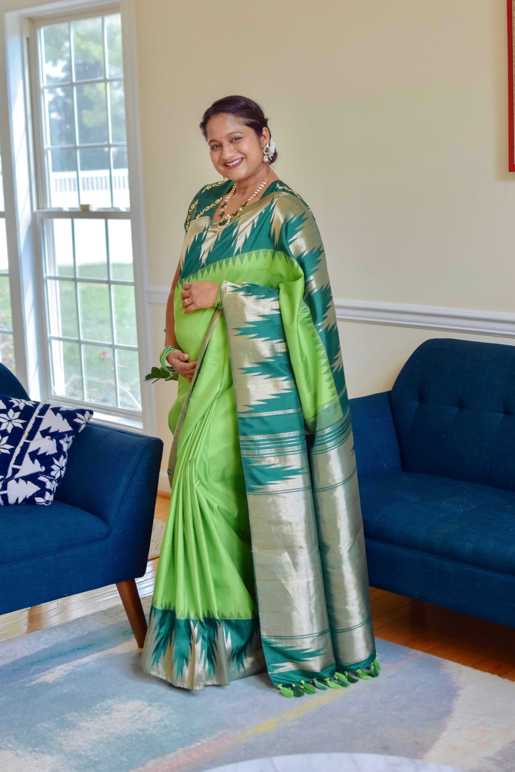 Maternity Saree Look- 8 Kol Temple Border Kanchi Silk Saree, Mossanite necklace by Top US Indian Blogger Dreaming Loud