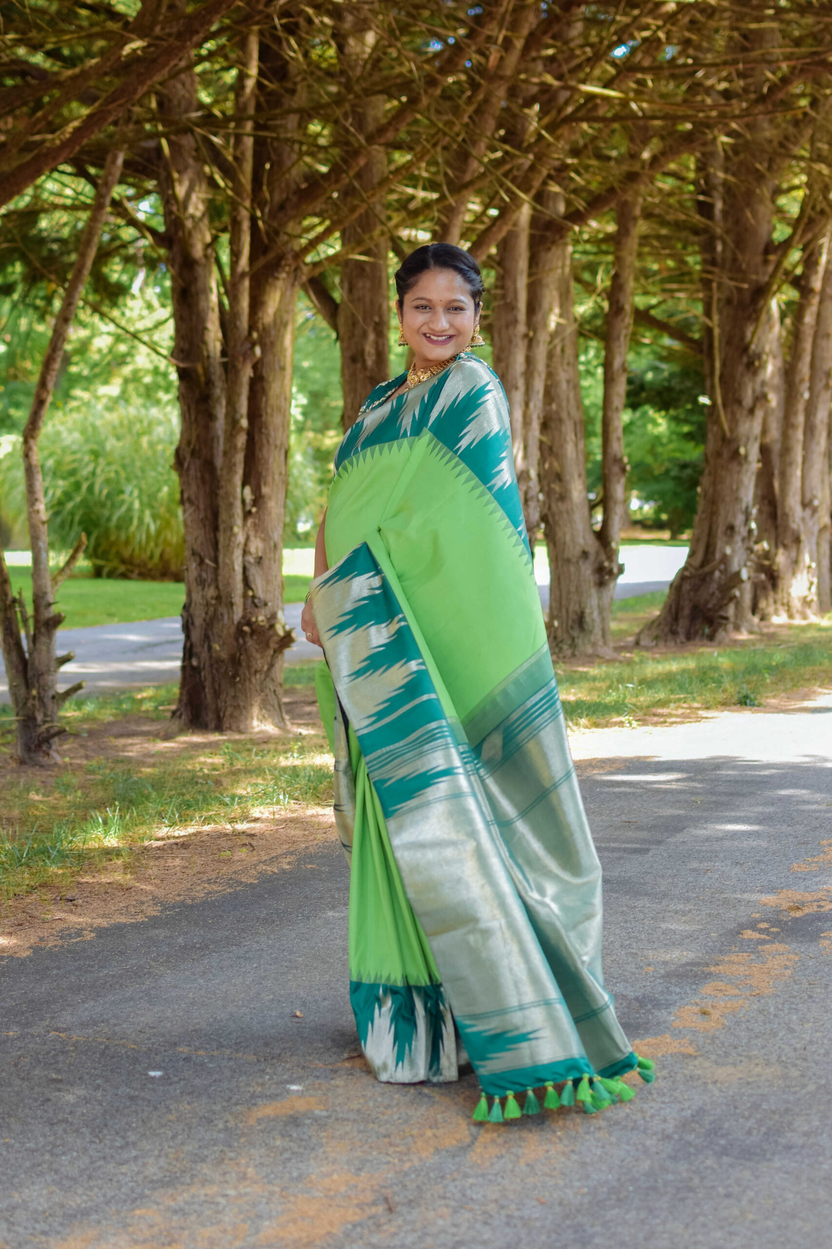 Maternity Saree Look- 8 Kol Temple Border Kanchi Silk Saree by Top US Saree Blogger Dreaming Loud