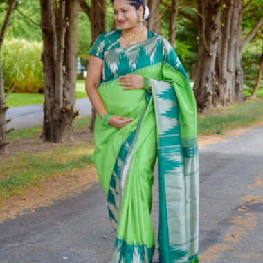 Maternity Saree Look- Green Temple Border Kanchi Silk Saree by Top US Saree Blogger Dreaming Loud