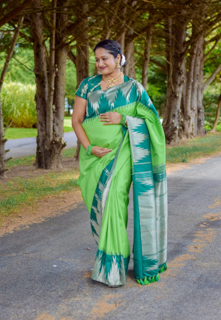 Maternity Saree Look- How to style Saree during Pregnancy- Green Temple Border Kanchi Silk Saree by Top US Saree Blogger Dreaming Loud