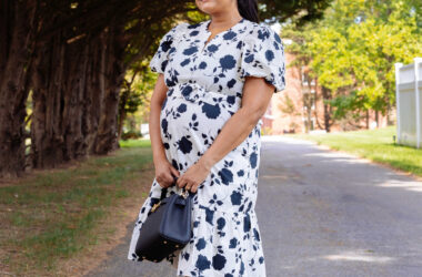 Maternity Office Outfit- Wearing Goelia Rose Printed Puff Sleeve dress, Parisa Wang Madison Micro Top Handle Bag,French Sole Baton Heels by Top US Mom Blogger Dreaming Loud