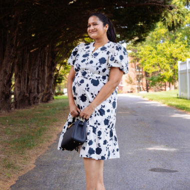 Maternity Office Outfit- Wearing Goelia Rose Printed Puff Sleeve dress, Parisa Wang Madison Micro Top Handle Bag,French Sole Baton Heels by Top US Mom Blogger Dreaming Loud