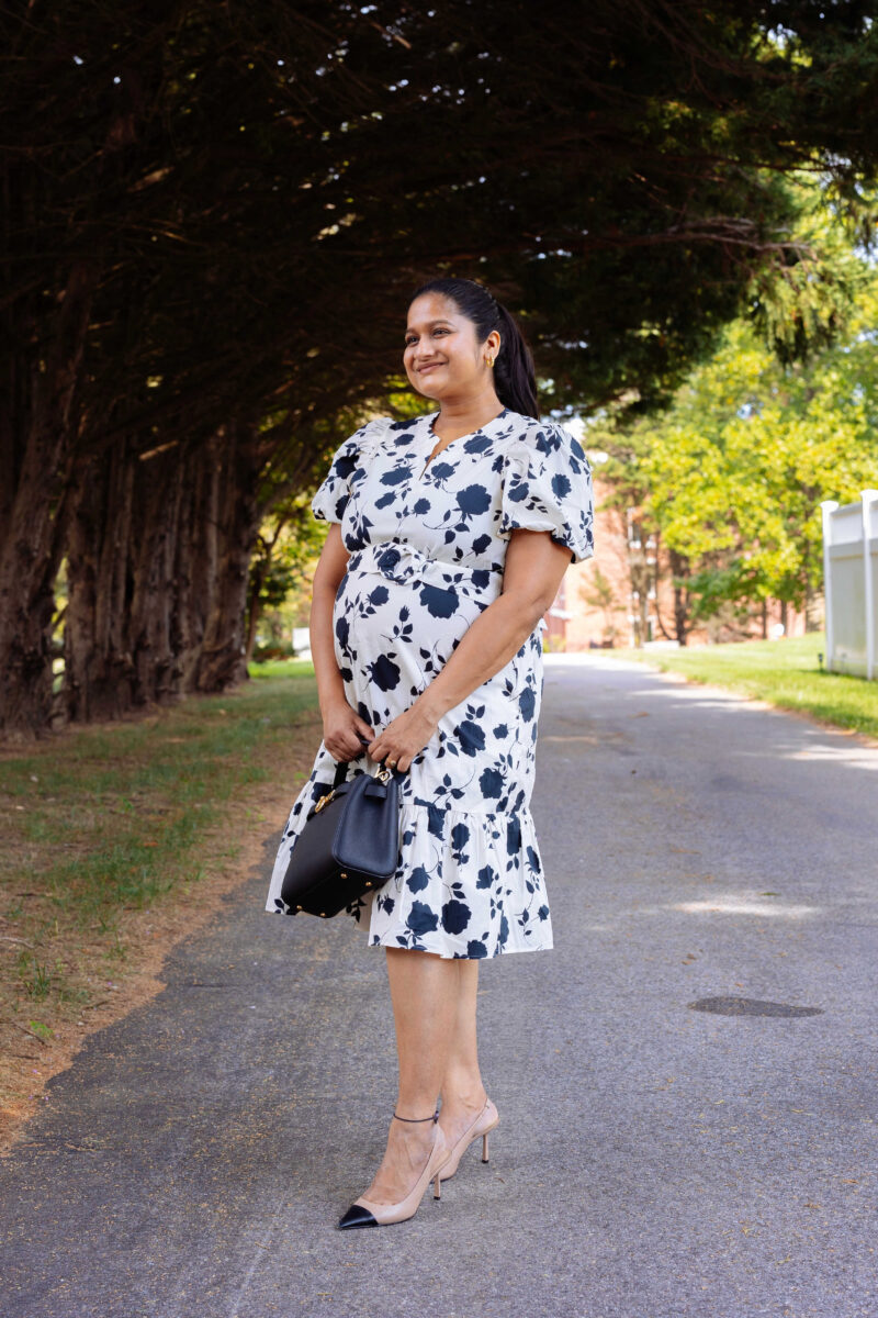 Maternity Office Outfit- Wearing Goelia Rose Printed Puff Sleeve dress, Parisa Wang Madison Micro Top Handle Bag,French Sole Baton Heels by Top US Mom Blogger Dreaming Loud