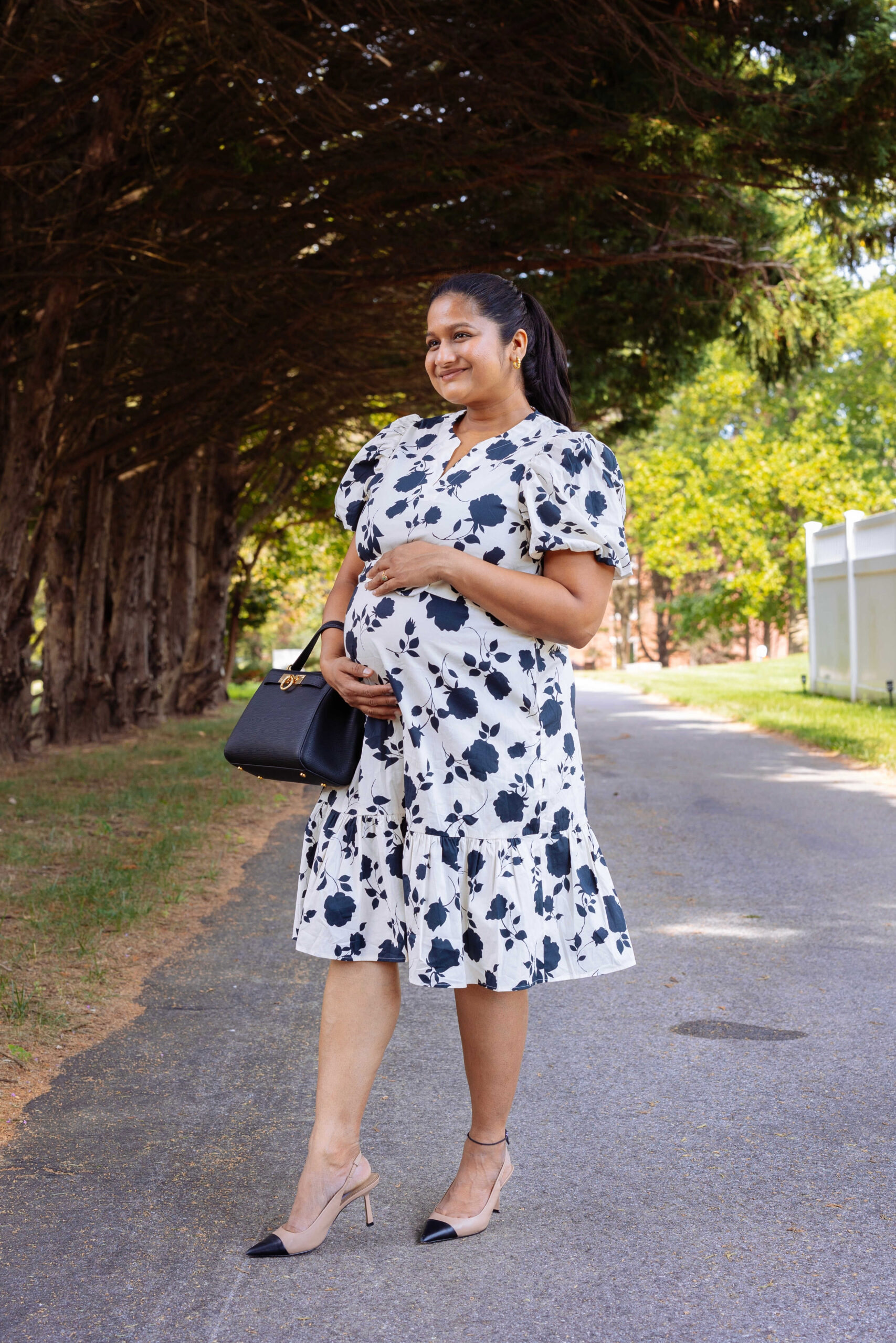 Maternity Office Outfit- Wearing Goelia Rose Printed Puff Sleeve dress, Parisa Wang Madison Micro Top Handle Bag,French Sole Baton Heels by Top US Mom Blogger Dreaming Loud