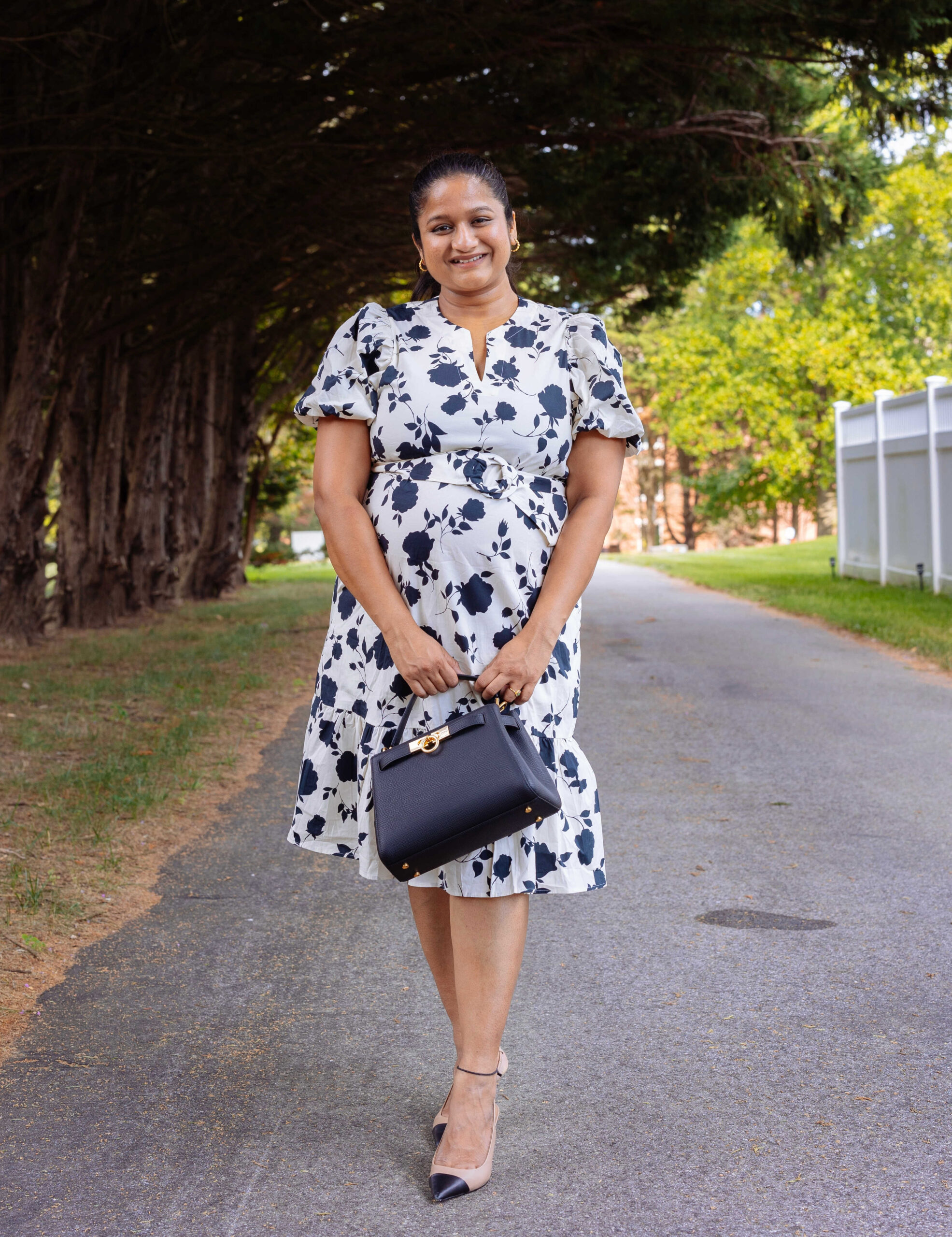 Maternity Office Outfit- Wearing Goelia Rose Printed Puff Sleeve dress, Parisa Wang Madison Micro Top Handle Bag,French Sole Baton Heels by Top US Mom Blogger Dreaming Loud