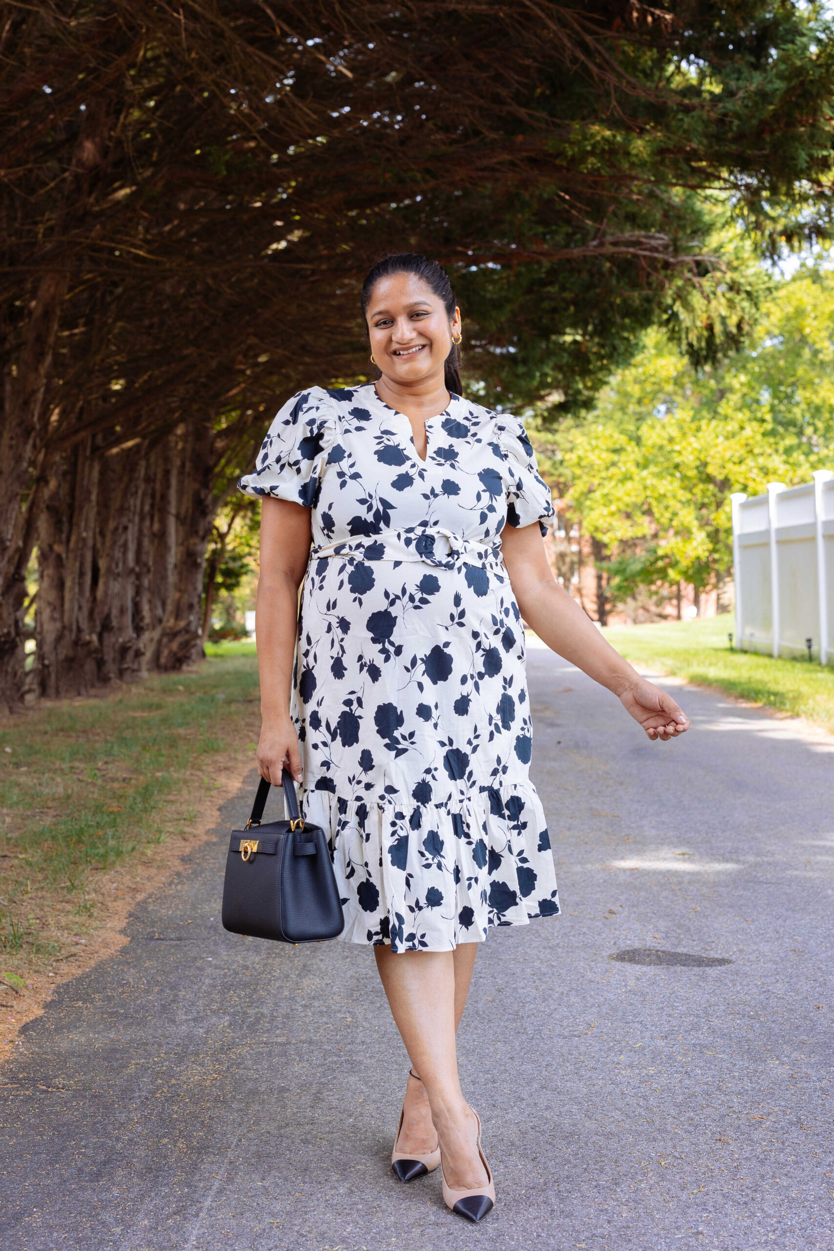 Maternity Office Outfit- Wearing Goelia Rose Printed Puff Sleeve dress, Parisa Wang Madison Micro Top Handle Bag,French Sole Baton Heels by Top US Mom Blogger Dreaming Loud