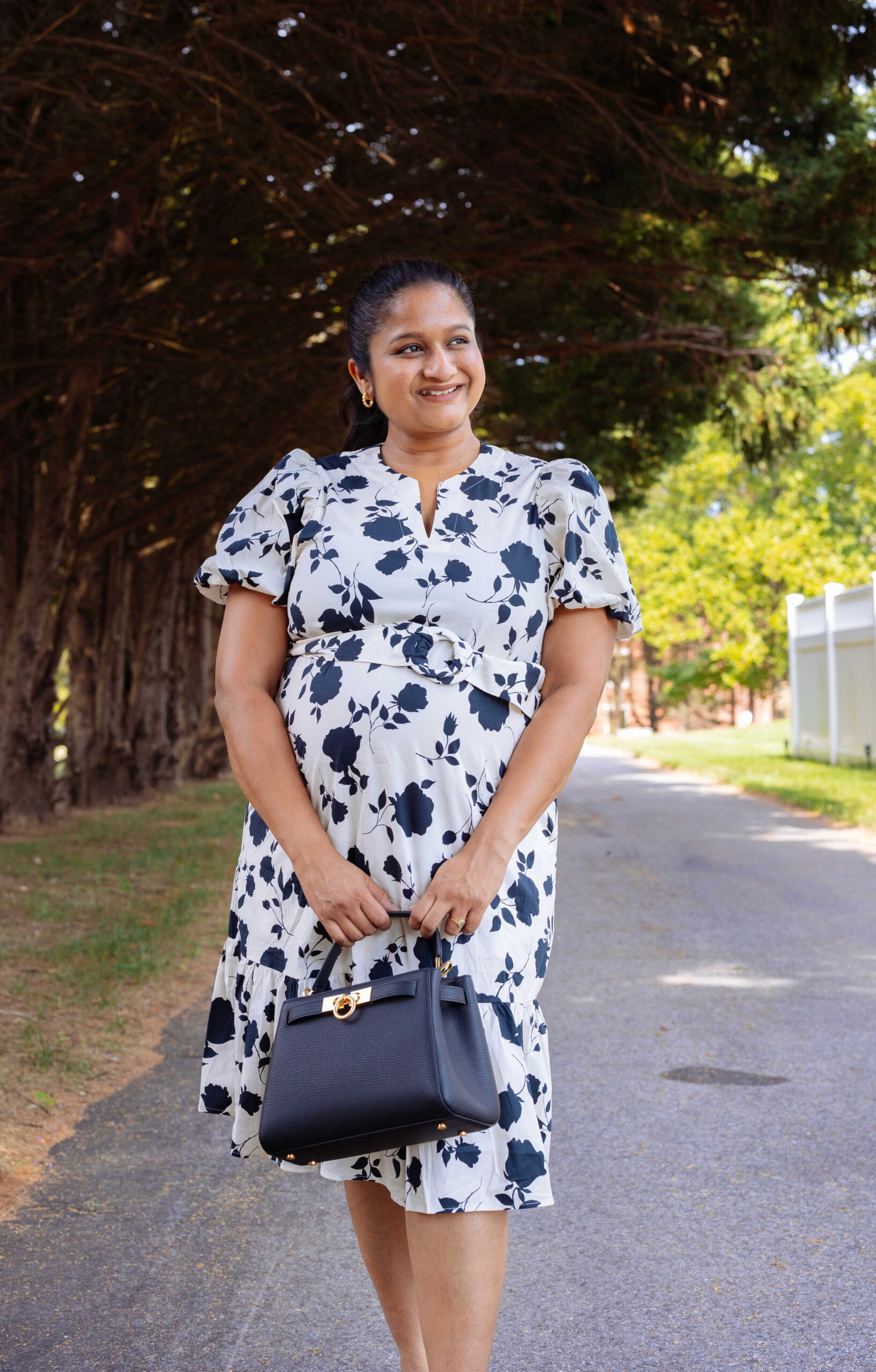 Maternity Office Outfit- Wearing Goelia Rose Printed Puff Sleeve dress, Parisa Wang Madison Micro Top Handle Bag,French Sole Baton Heels by Top US Mom Blogger Dreaming Loud