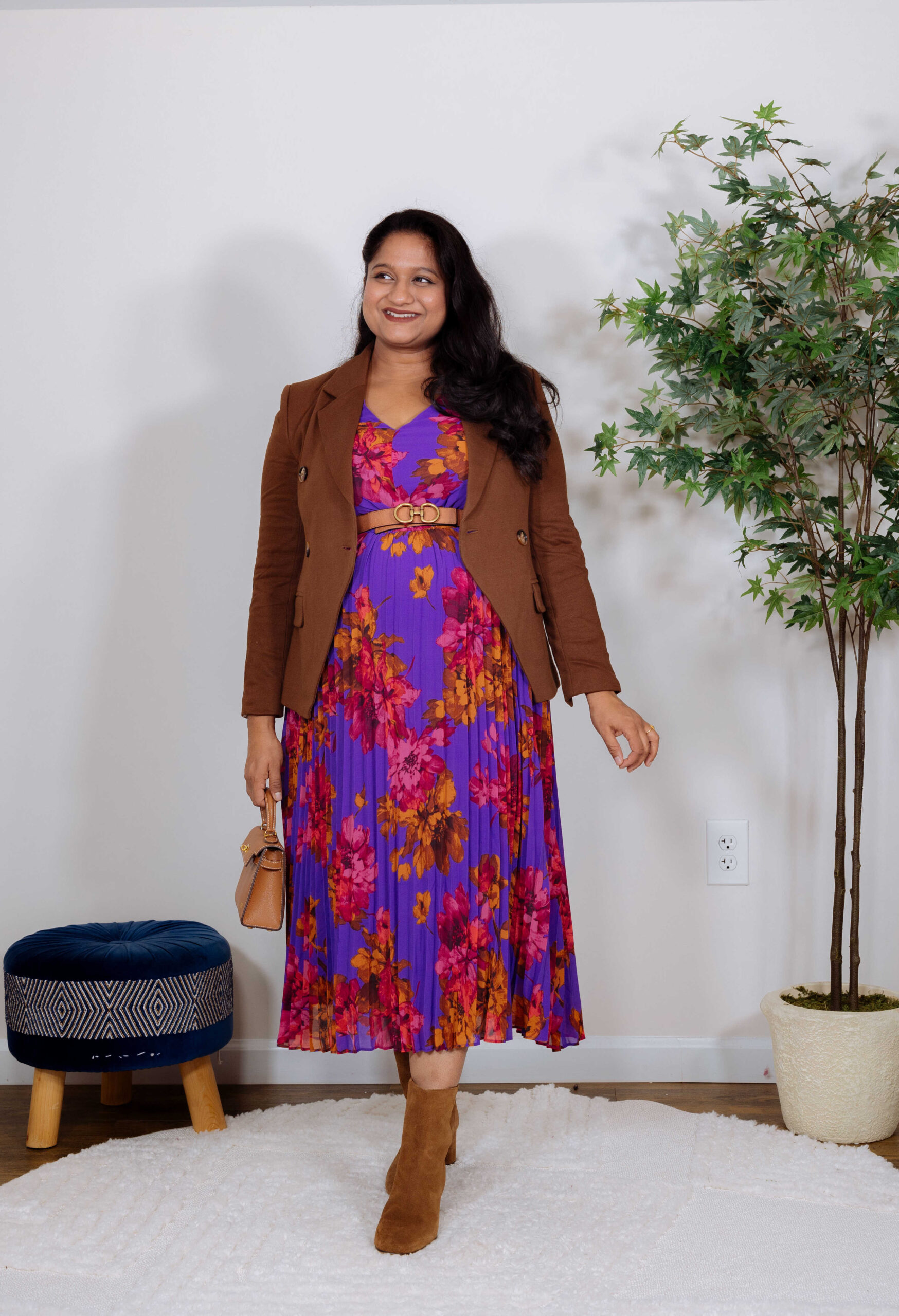 Cozy-Chic Pregnancy Outfit Ideas- Wearing Walmart Sofia Jeans Pleated dress, Gibson Double Breasted Blazer in saddle,J.crew Piper ankle boots in suede by Top US Mom Fashion Blogger Dreaming Loud