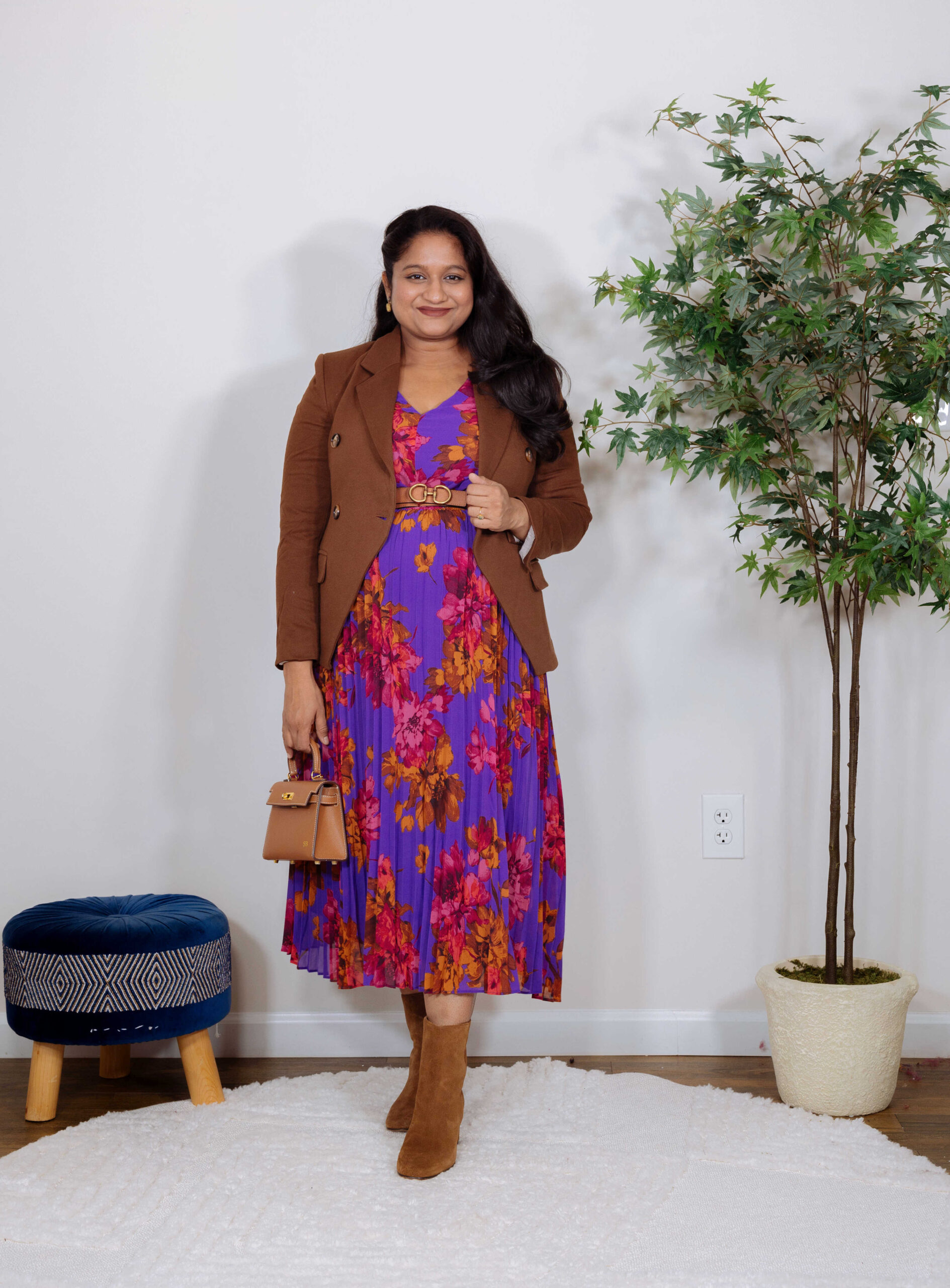 Trendy Fall Maternity Outfit Ideas- Wearing Walmart Sofia Jeans Pleated dress, Gibson Double Breasted Blazer in saddle,J.crew Piper ankle boots in suede by Top US Mom Fashion Blogger Dreaming Loud