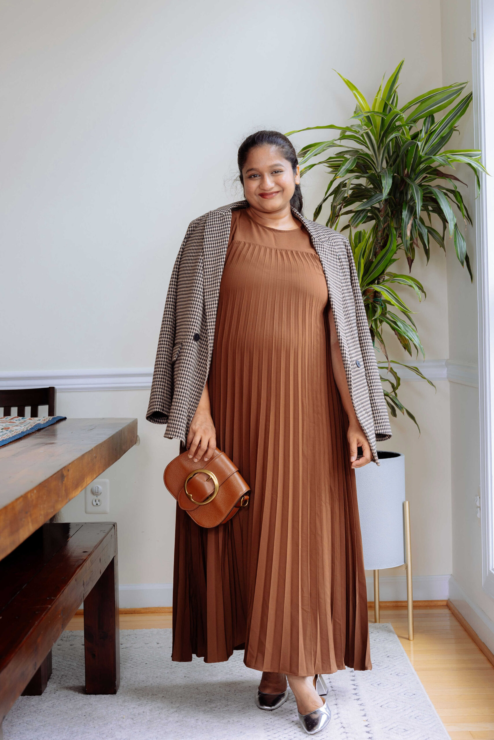 Cozy-Chic Pregnancy Outfit Ideas for Fall- Amazon fashion Pleated dress, Jcrew factory Ankle-strap heels In metallic silver, Plaid blazer by Top Us Mom Fashion Blogger Dreaming Loud