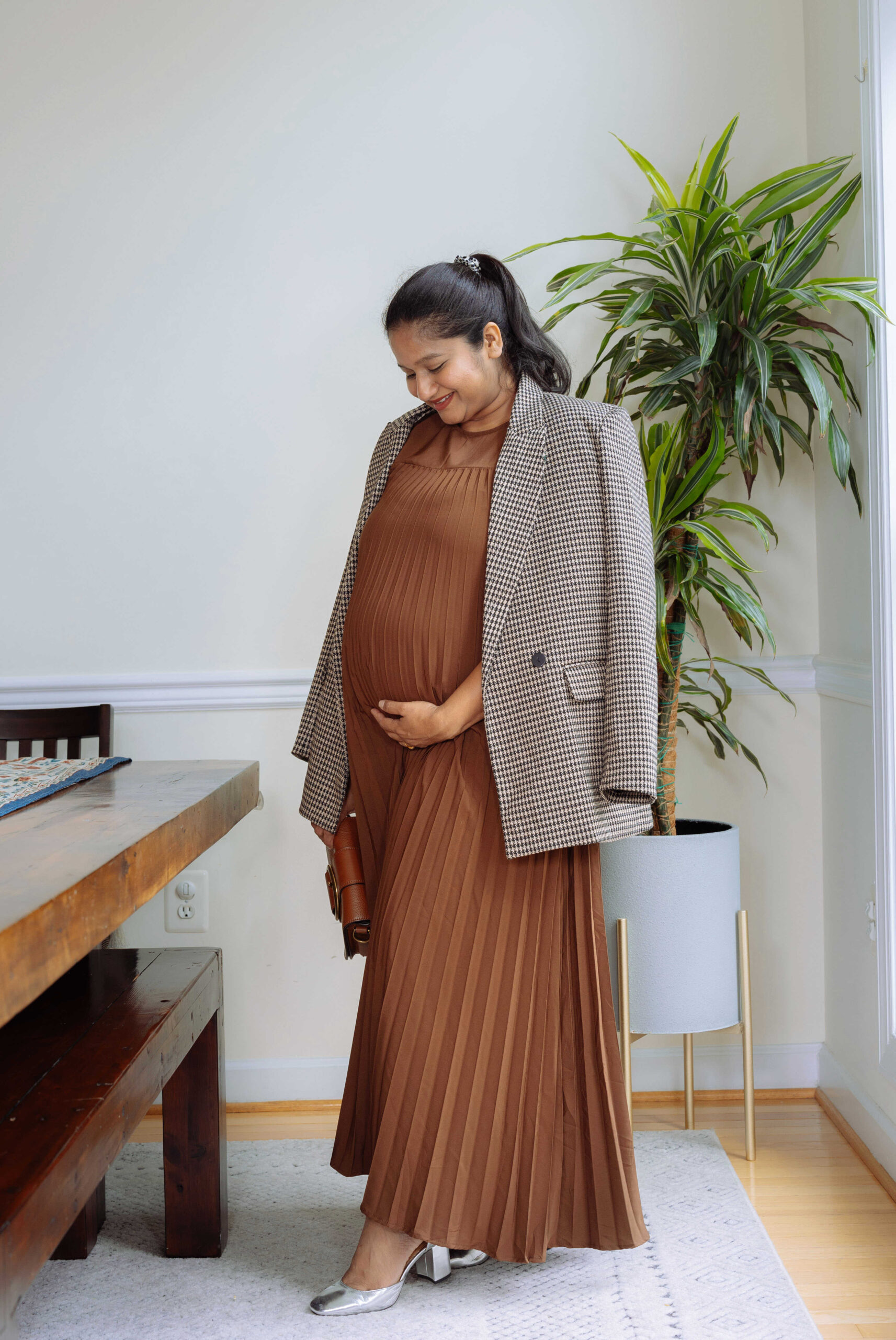 Cozy-Chic Pregnancy Outfit Ideas for Fall- Amazon fashion Pleated dress, Jcrew factory Ankle-strap heels In metallic silver, Plaid blazer by Top Us Mom Fashion Blogger Dreaming Loud