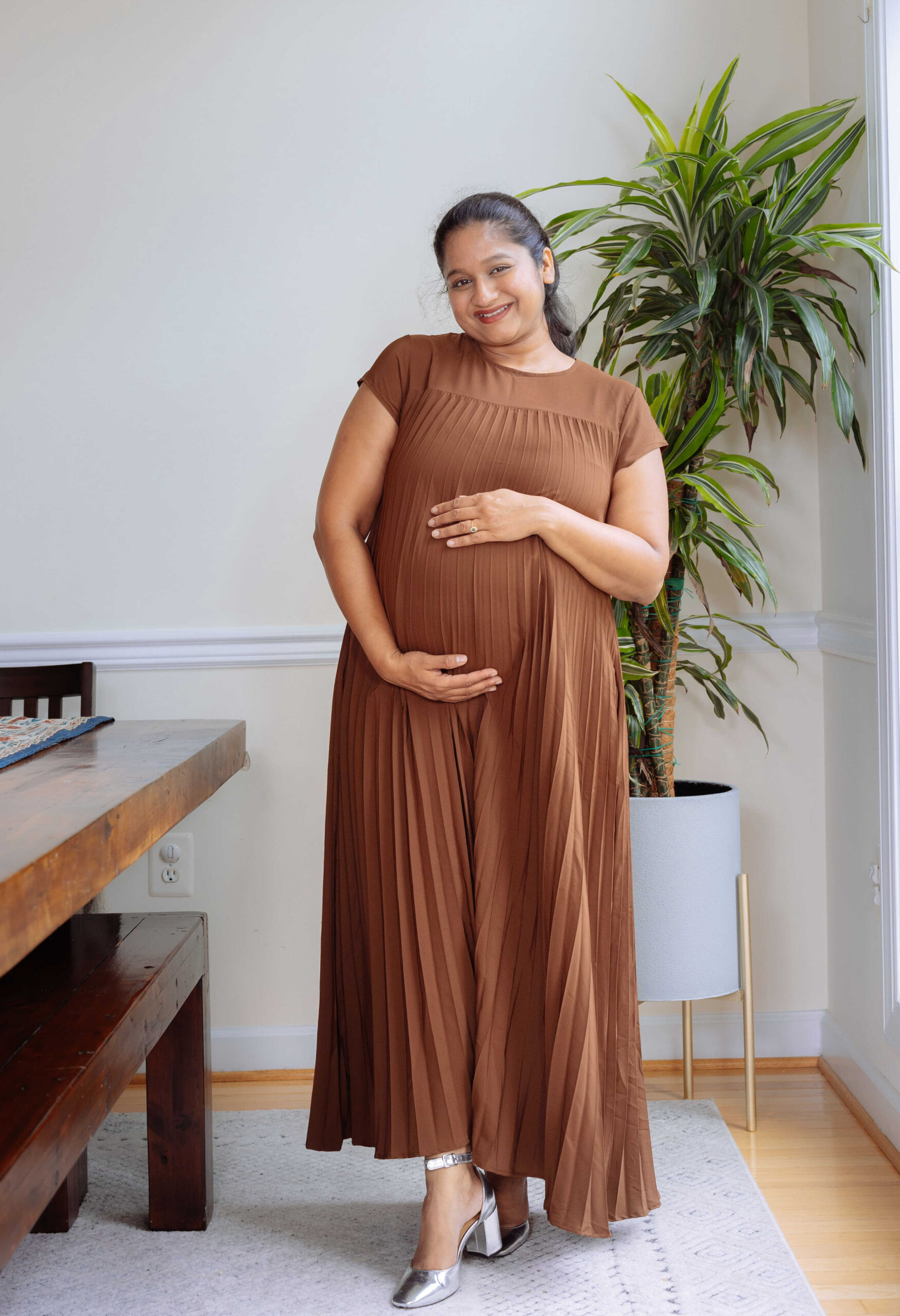 Cozy-Chic Maternity Outfit Ideas for Fall- Amazon fashion Pleated dress, Jcrew factory Ankle-strap heels In metallic silver, Plaid blazer by Top Us Mom Fashion Blogger Dreaming Loud