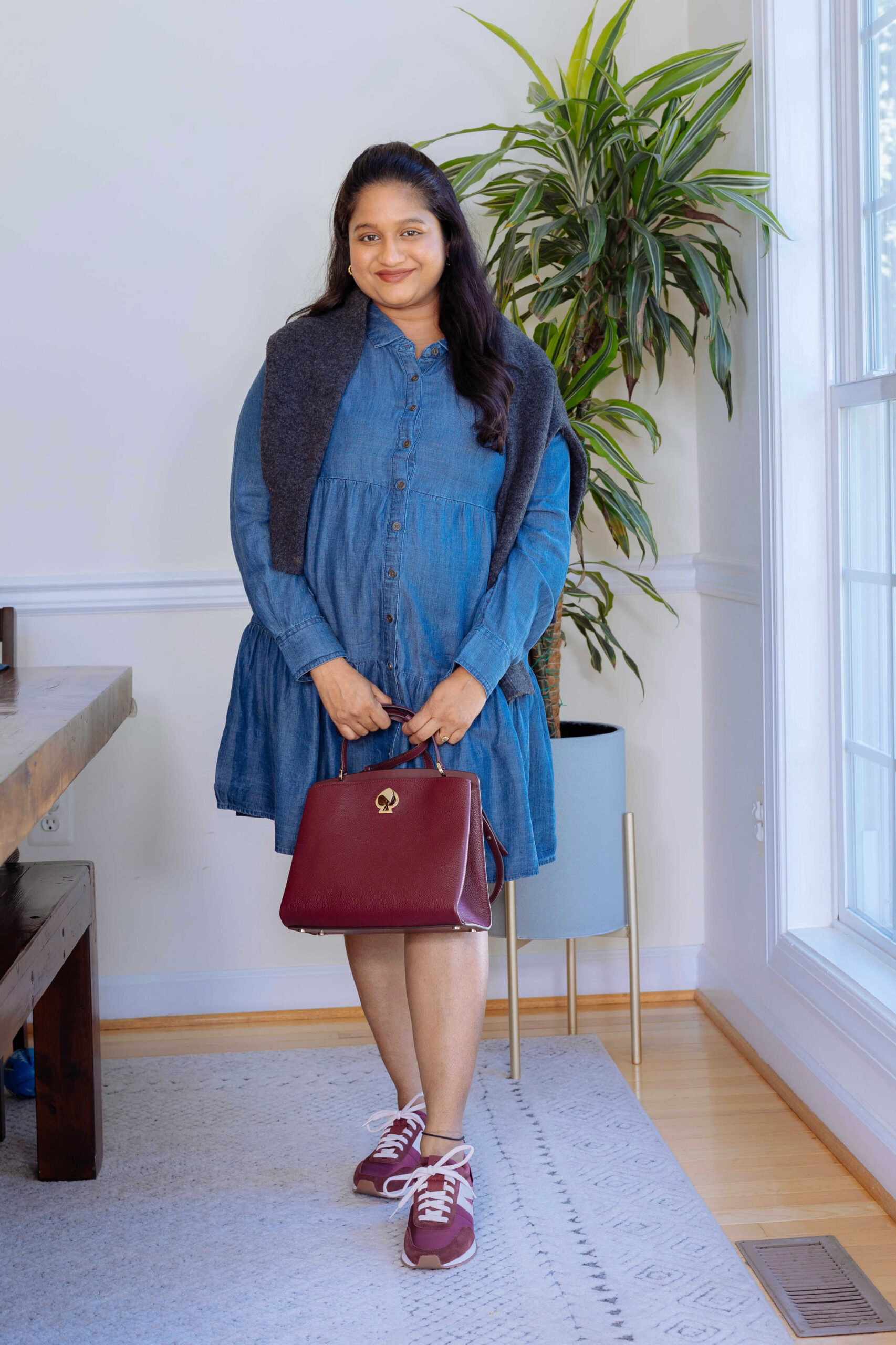 Fall Pregnancy Outfit Ideas- Wearing Ingrid & Isabel Chambray Maternity dress, Kizik Milan Hands-Free Sneakers by Top US mom blogger Dreaming Loud