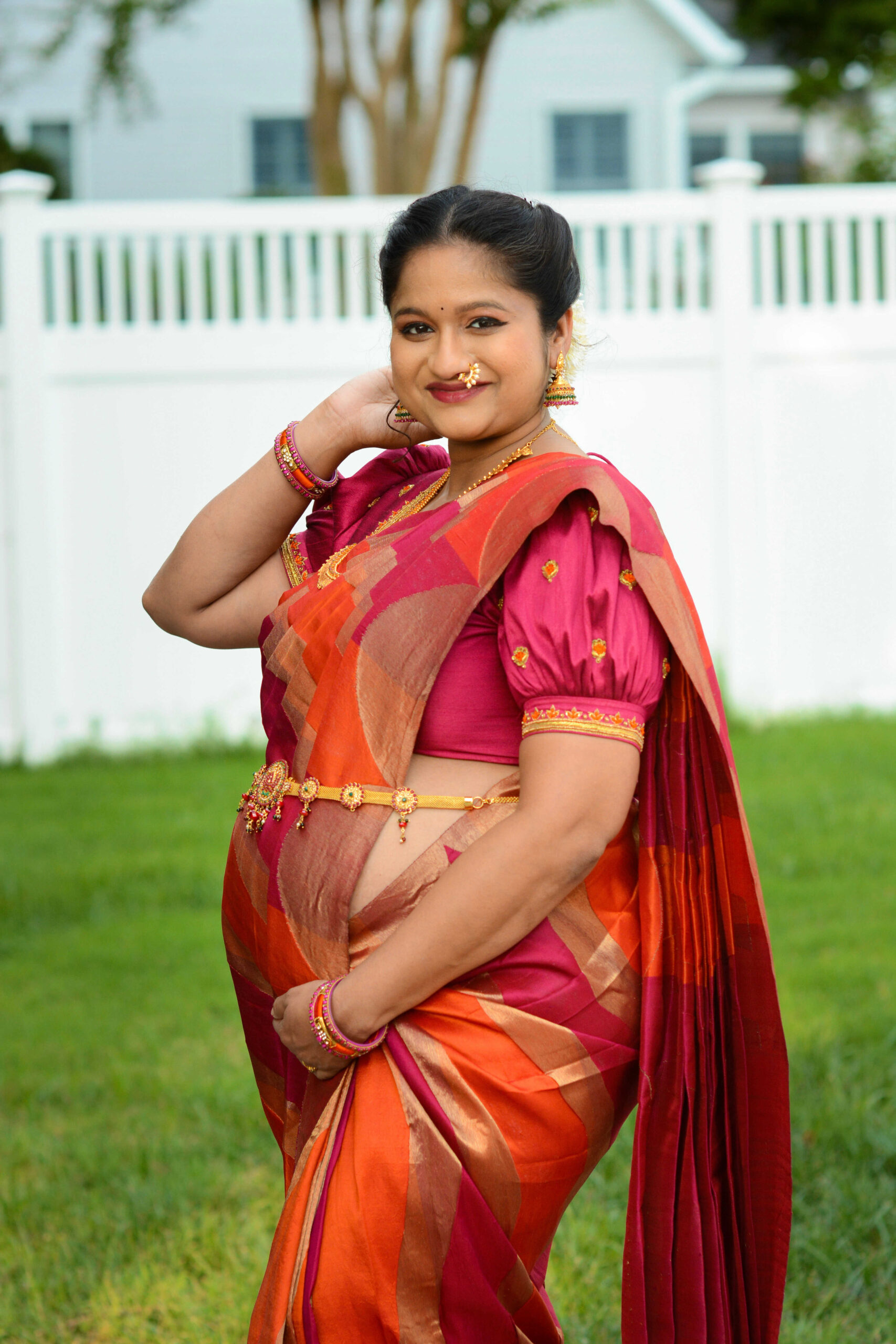 Pregnancy Photoshoot In Traditional Silk Saree- Orange and Pink Kanchipuram silk saree by Top US Saree Blogger Dreaming Loud